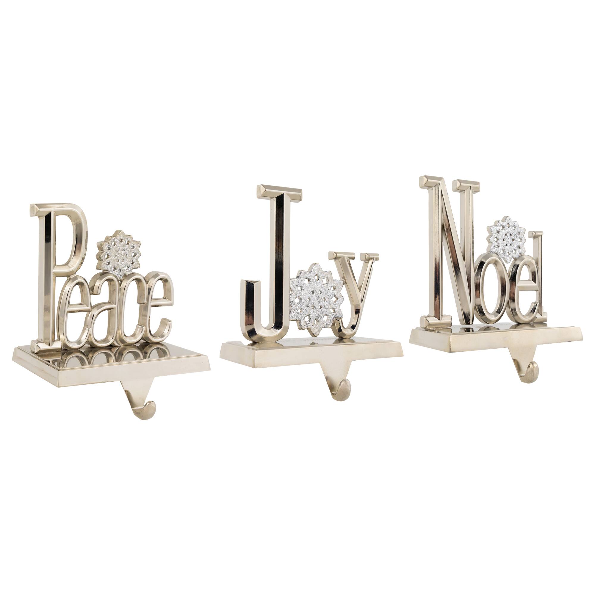 Peace  Joy and Noel Metal Christmas Stocking Holders - 6.5" - Set of 3