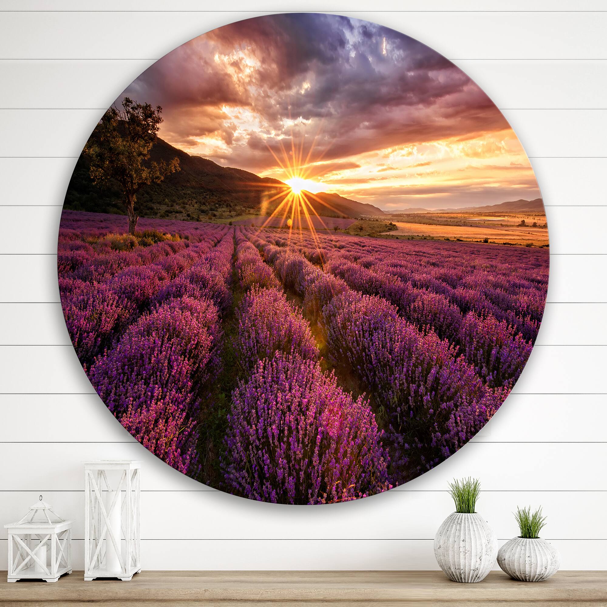 Designart - Sunrise & Dramatic Clouds Over Lavender Field IV - Farmhouse Metal Circle Wall Art