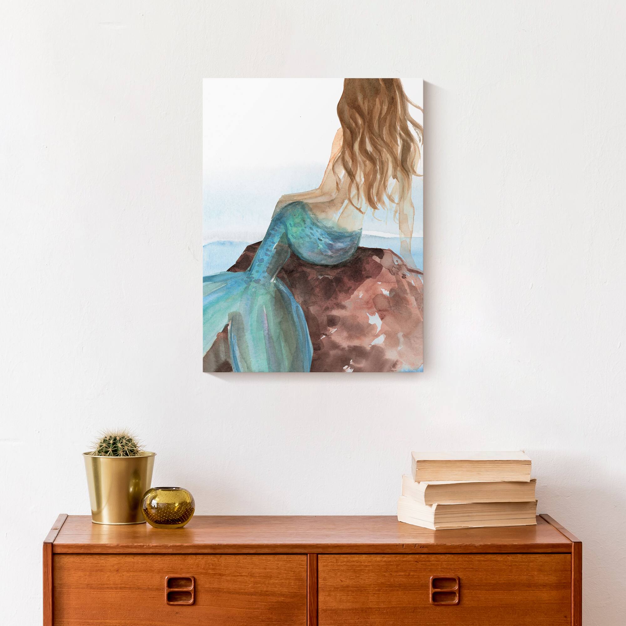 Mermaid On A Rock 12" x 16" Canvas Wall Art