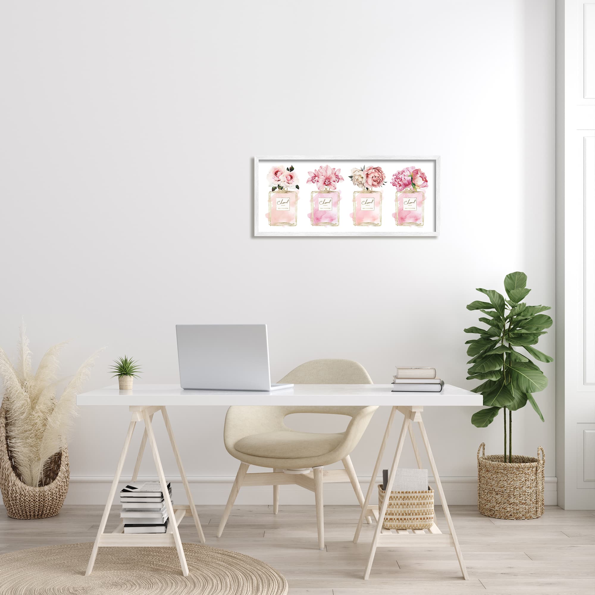 Stupell Industries Pink Floral Bouquets Glam Designer Fashion Jars in White Frame Wall Art