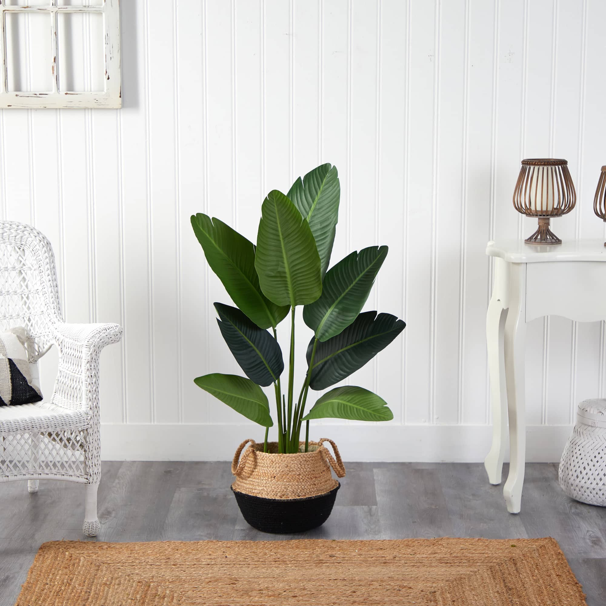4ft. Travelers Palm Artificial Tree in Boho Chic Handmade Cotton & Jute Black Woven Planter