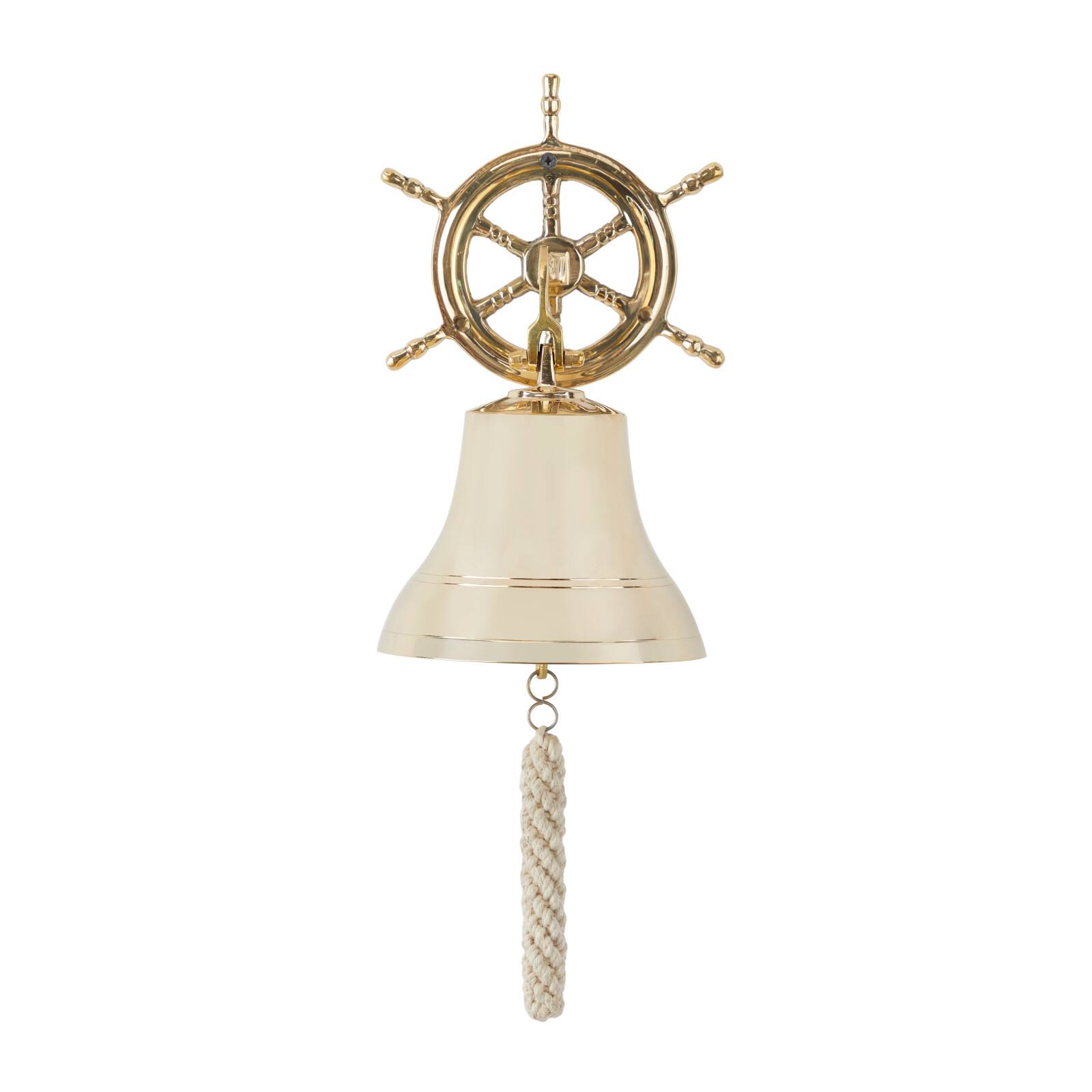 Gold Brass Bell Wall Decor with Ship wheel Backing 7" x 9" x 6"