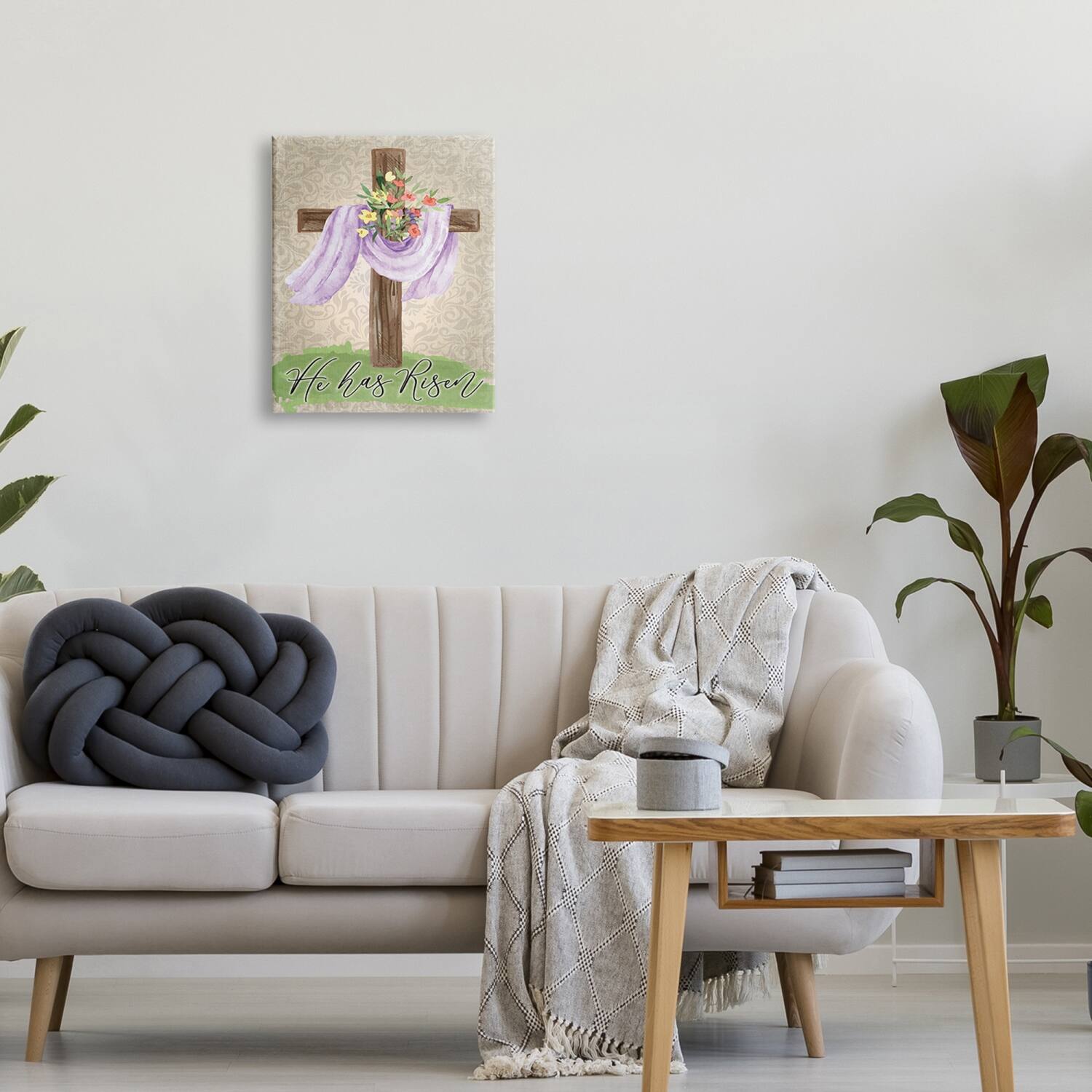 Stupell Industries He Has Risen Spring Floral Cross Brown Damask Pattern Canvas Wall Art