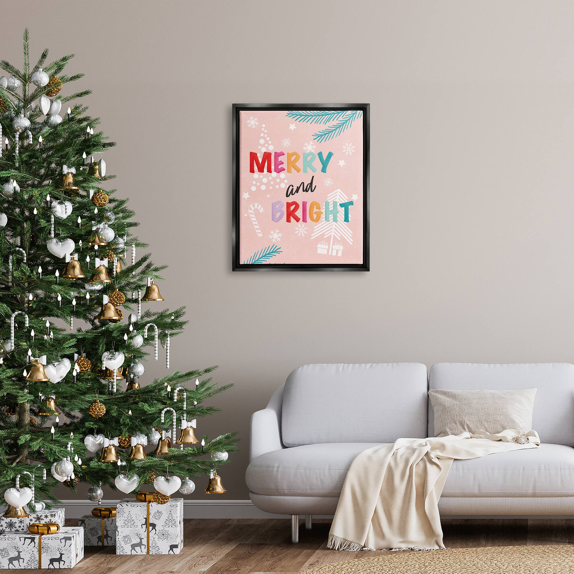Stupell Industries Merry & Bright Pastel Phrase Framed Floater Canvas Wall Art