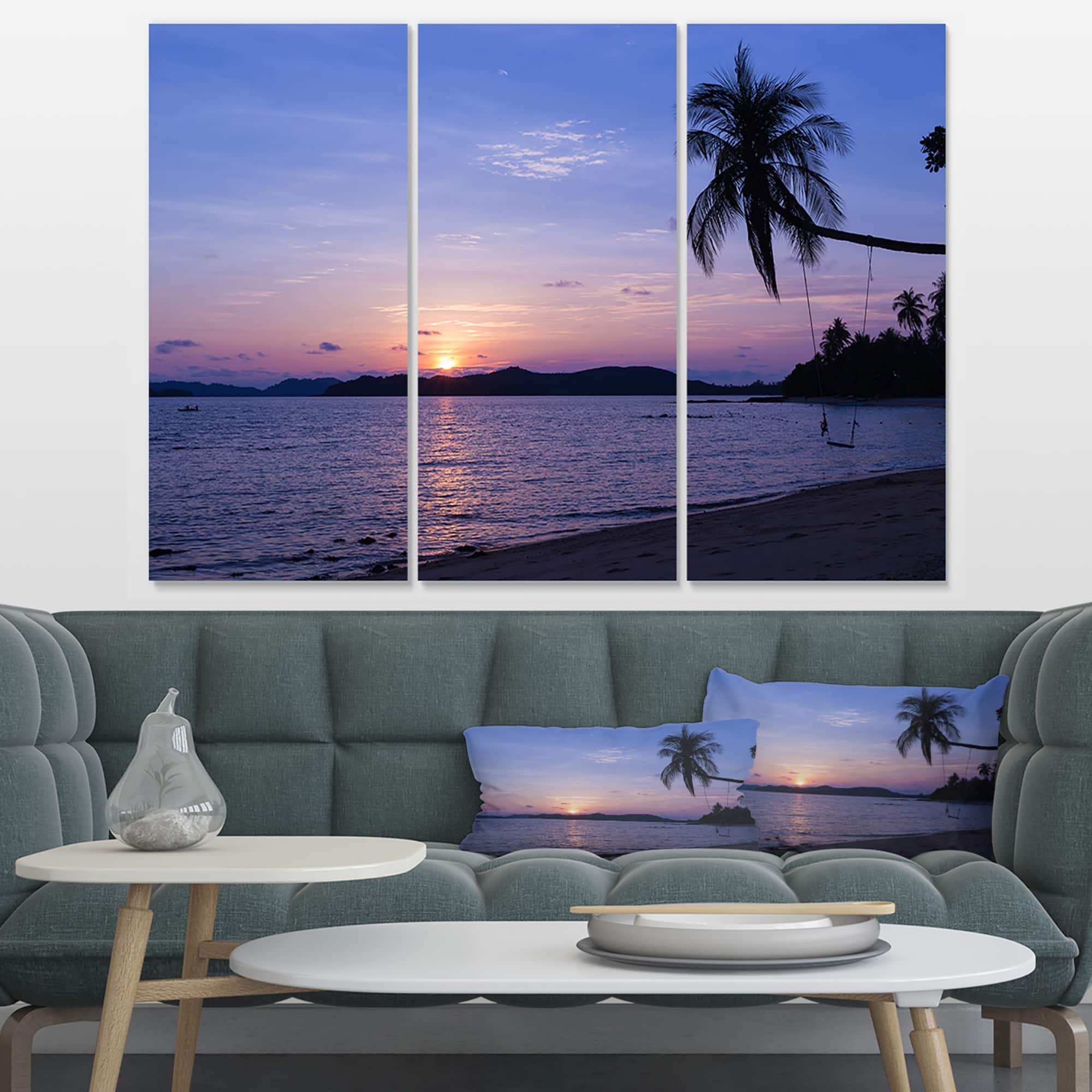 Designart - Hanging Seat in Blue Sunset Beach - Modern Seashore Canvas Art