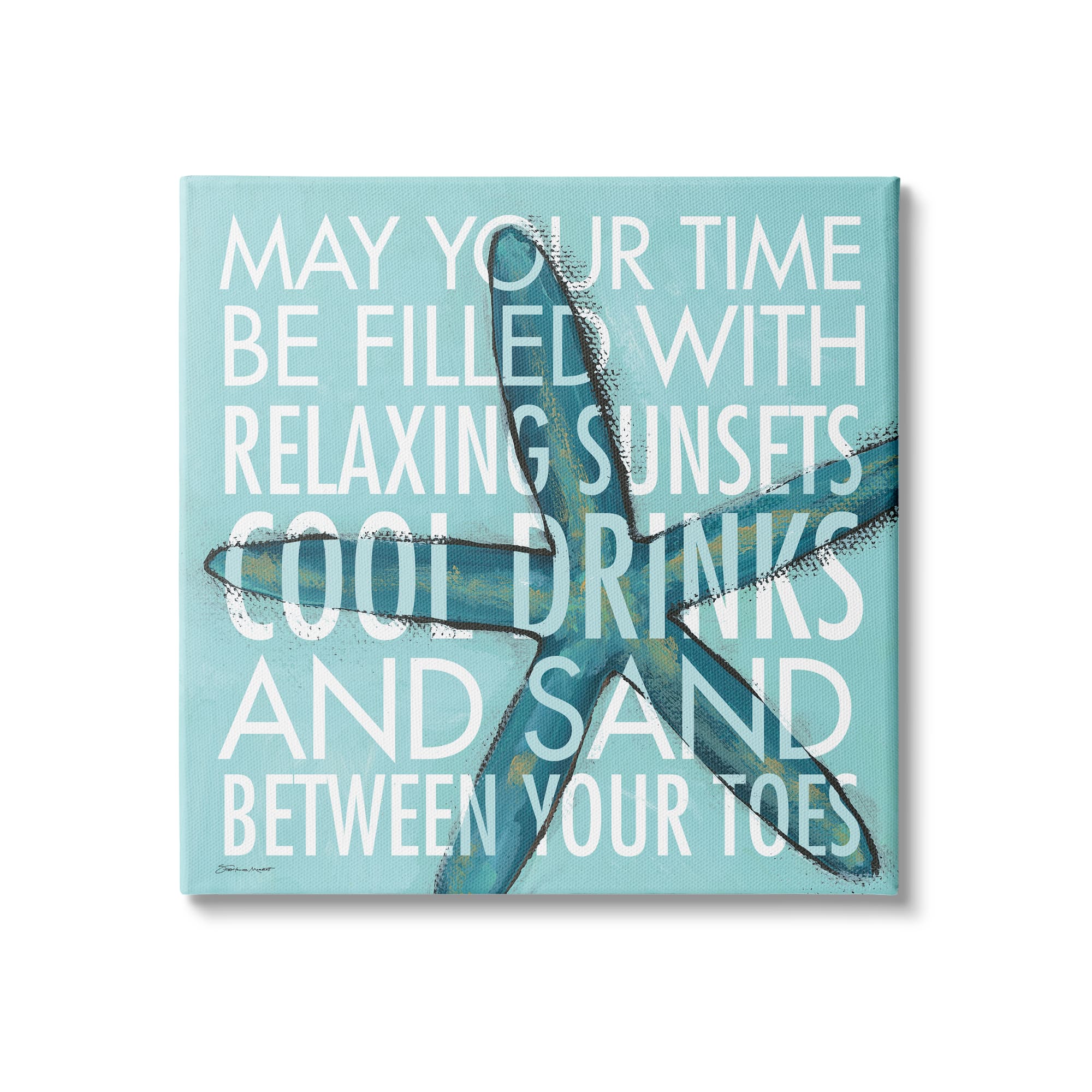 Stupell Industries Sunsets Cool Drinks Sand Beach Phrase Blue Starfish Canvas Wall Art, 17" x 17"