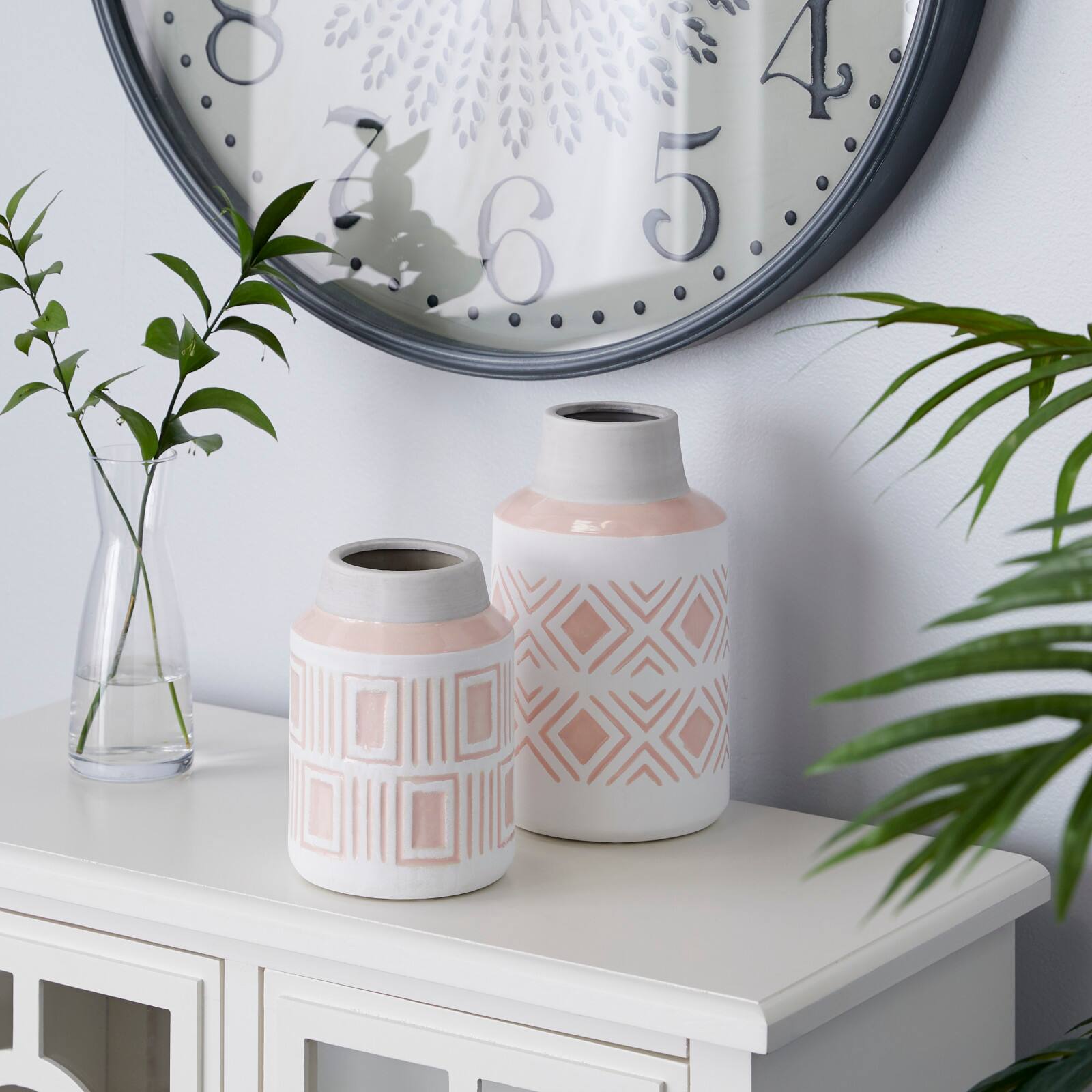 Set of 2 White Stoneware Farmhouse Vase, 7.5", 9.75"