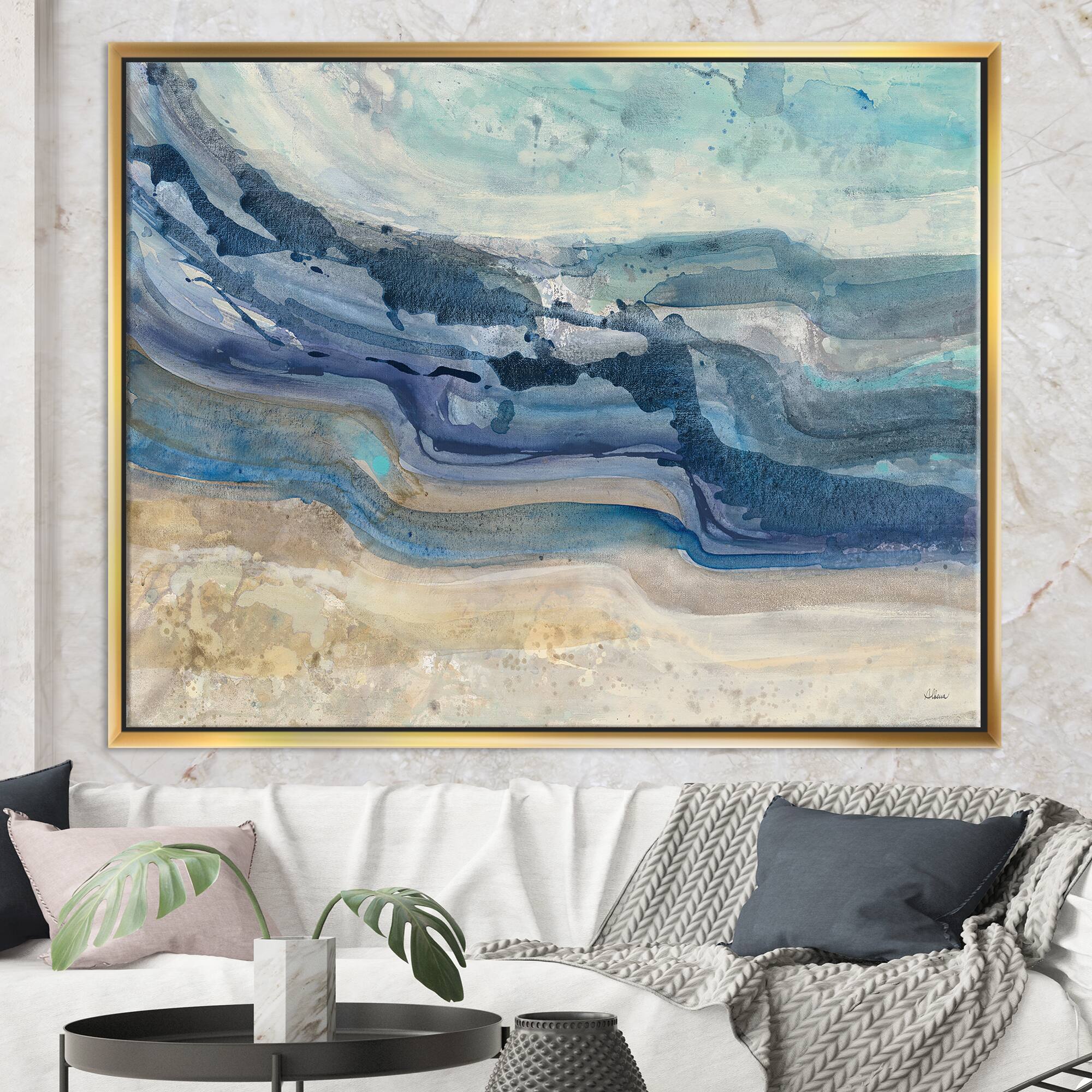 Designart - Coast Blue Sea Waves Watercolour - Modern Farmhouse Canvas in Gold Frame