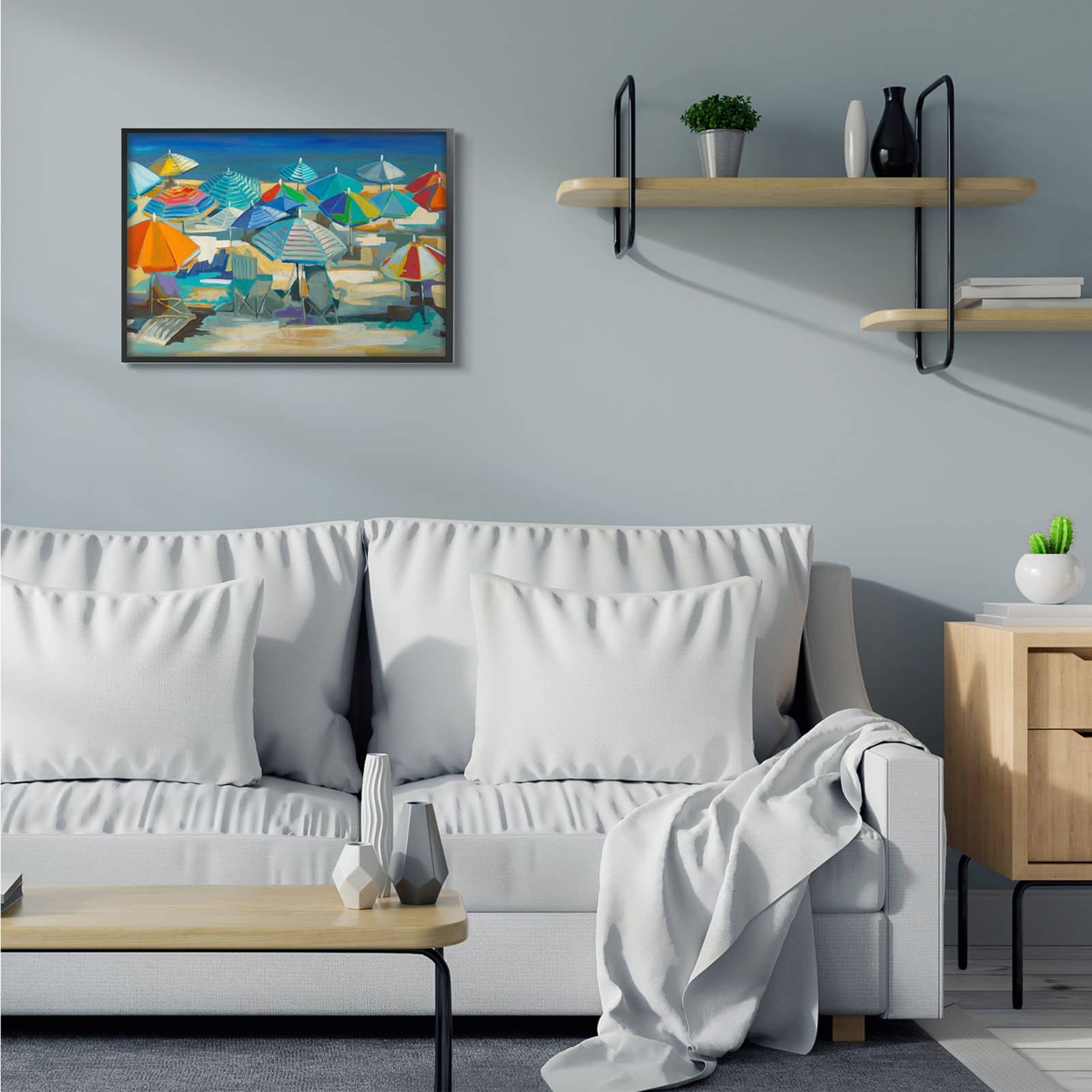 Stupell Industries Colorful Beach Umbrella Landscape Nautical Deep Blue Framed Wall Art