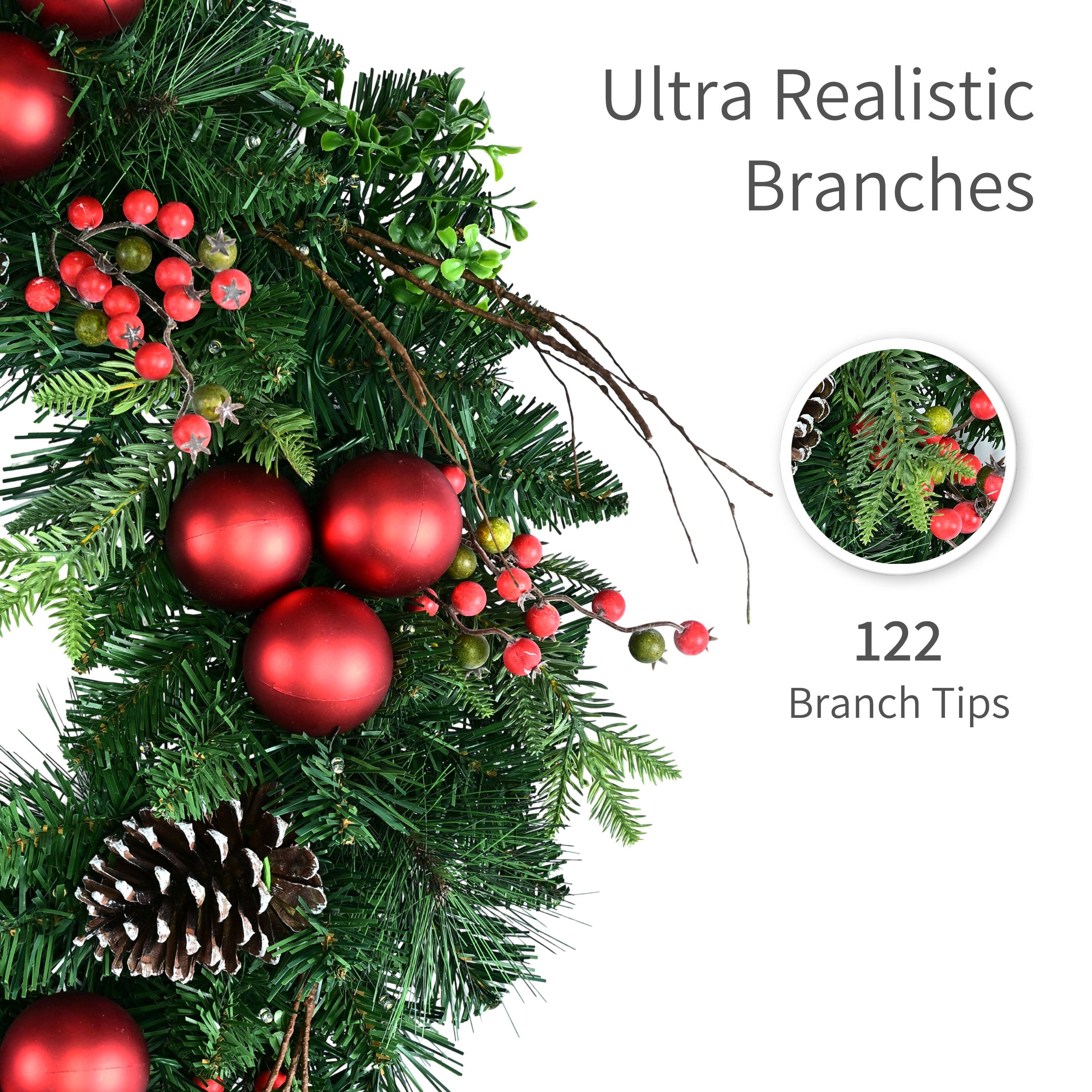 Puleo International 26" Pre-Lit Green Pine with Pinecones, Ornaments & Berries Artificial Christmas Wreath