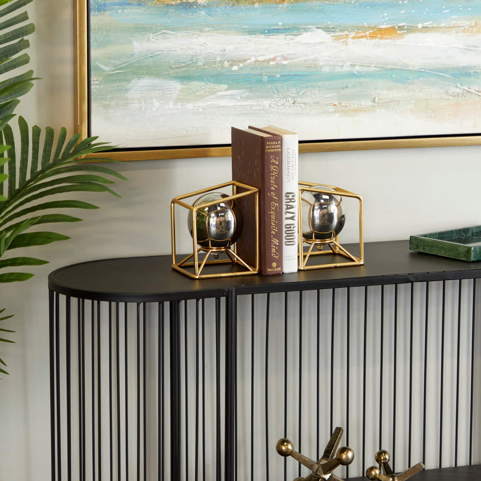 6" Silver Stainless Steel Orb Geometric Bookends with Gold Base Set