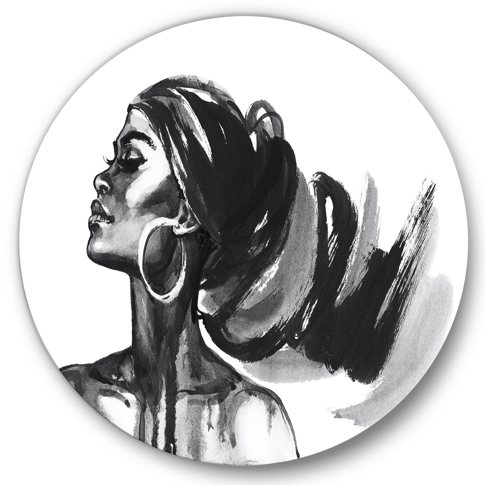 Designart - Monochrome Portrait of African American Woman IV - Modern Metal Circle Wall Art