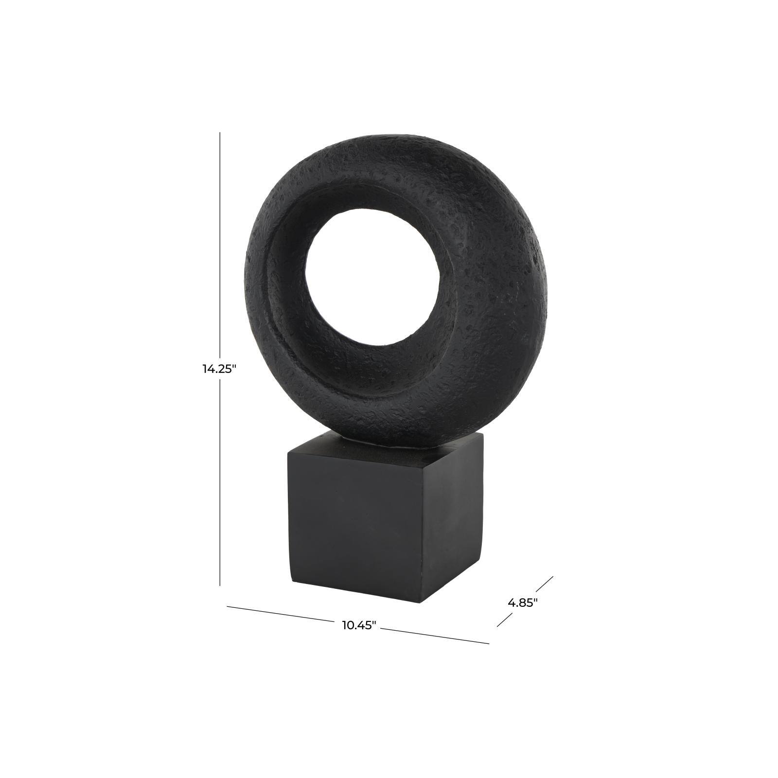 14.25" Black Polystone Geometric Textured Cutout Ring Sculpture with Block Base