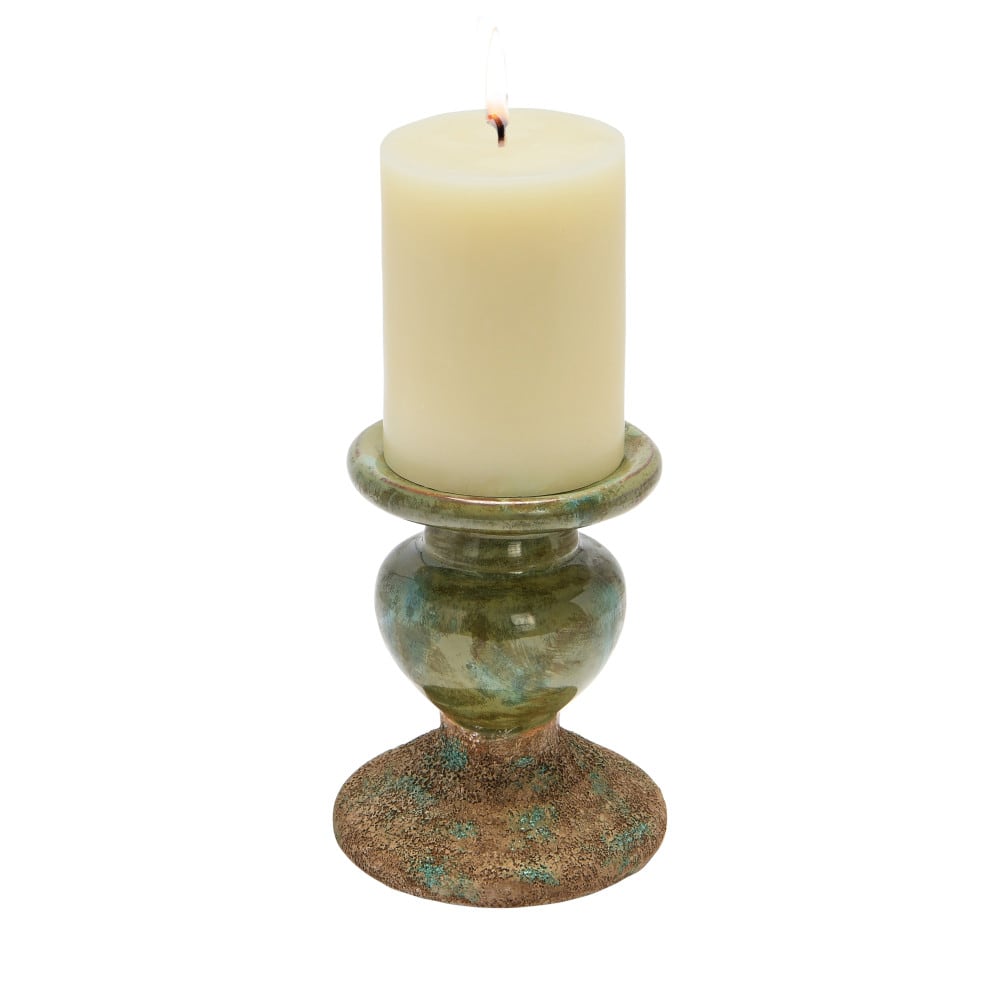Hello Honey® Distressed Green 2-Tone Sculptural Terracotta Pillar Candle Holder