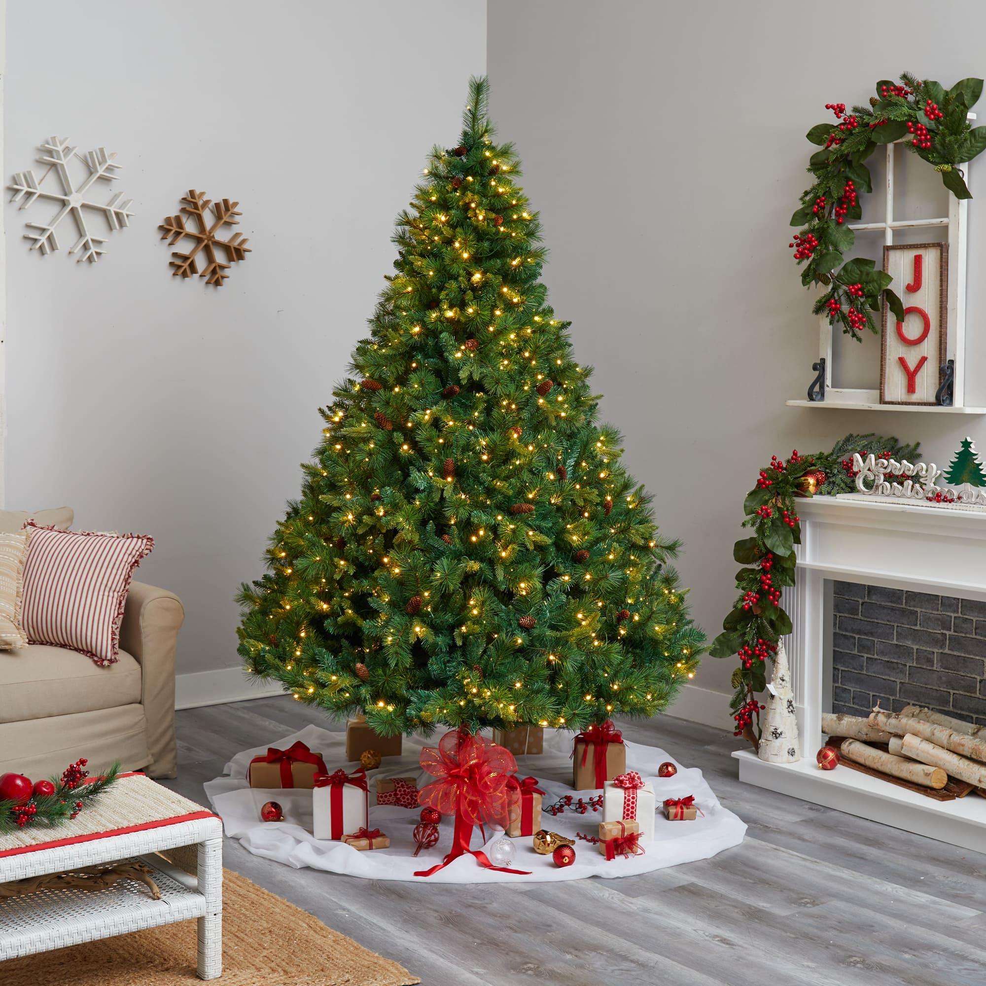 8ft. Pre-Lit West Virginia Mixed Pine Artificial Christmas Tree with Pinecones, Clear LED Lights