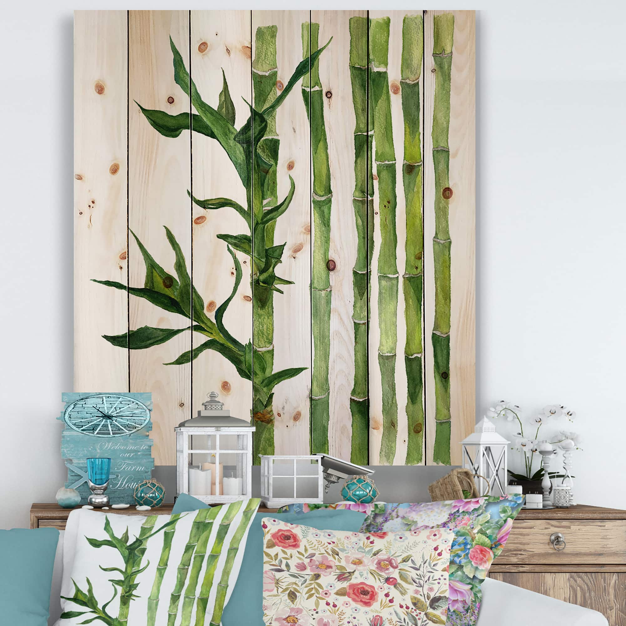 Designart - Bamboo Branches In The Forest III - Tropical Print on Natural Pine Wood