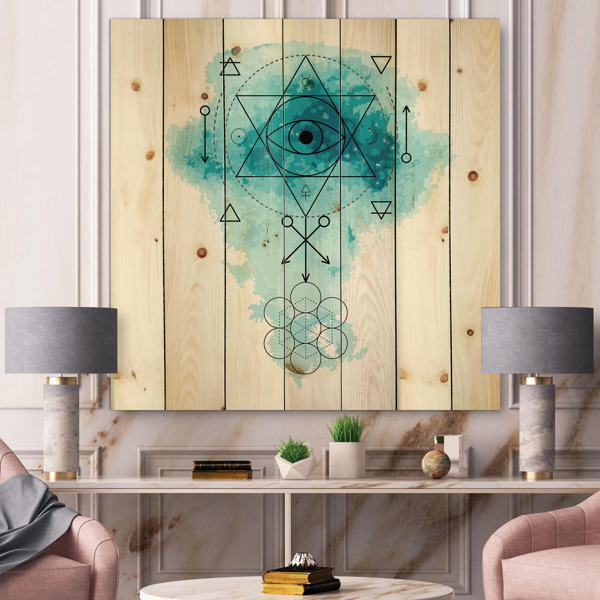 Designart - Symbol of Alchemy and Sacred Geometry II - Bohemian & Eclectic Print on Natural Pine Wood
