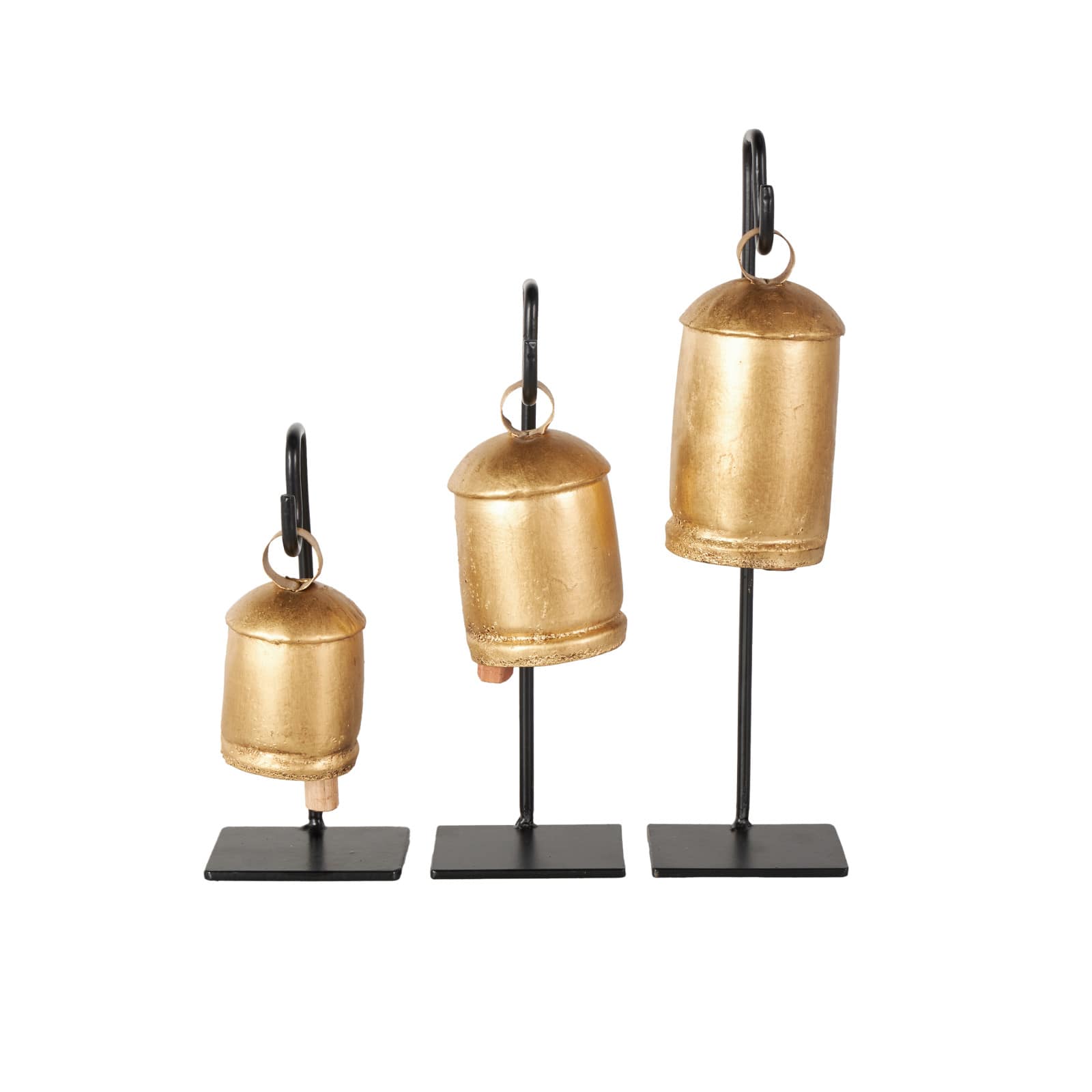 Gold Metal Decorative Cow Bells with Black Stand & Brown Wooden Clapper Set