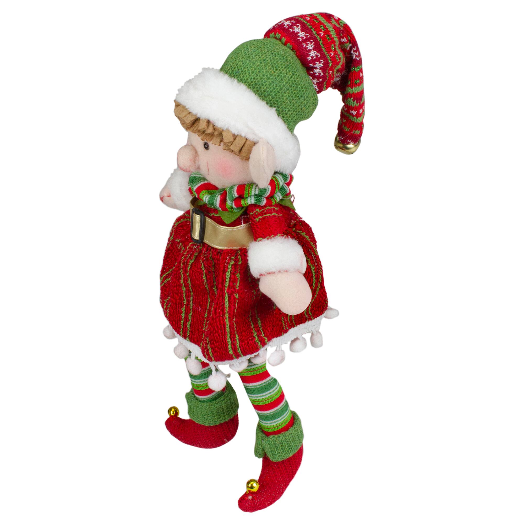 14'' Red and Green Plush Jingle Bell Girl Elf Christmas Figure