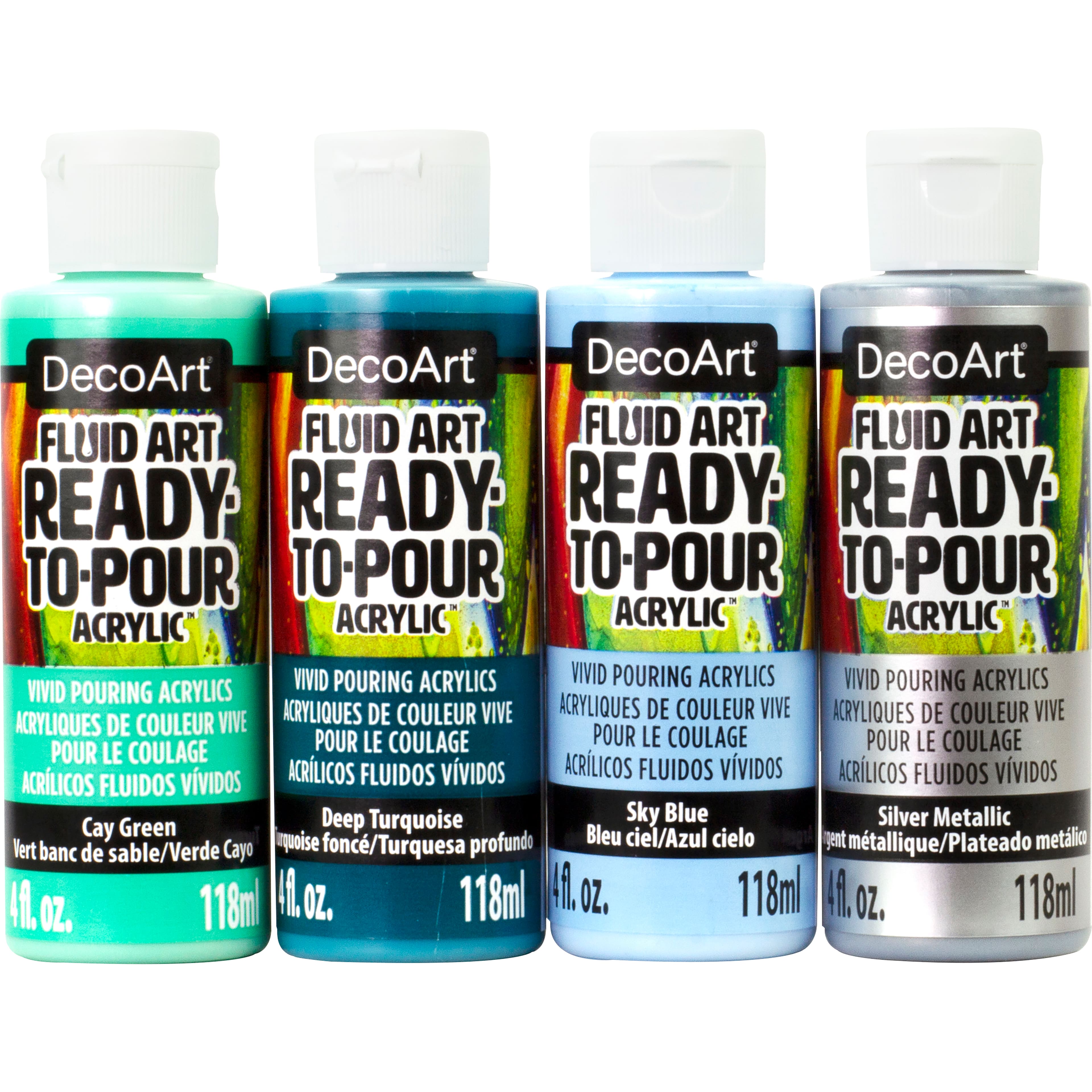 6 Packs: 4 ct. (24 total) DecoArt® Fluid Art Ready to Pour Acrylic™ Silver Seas Paint Pack