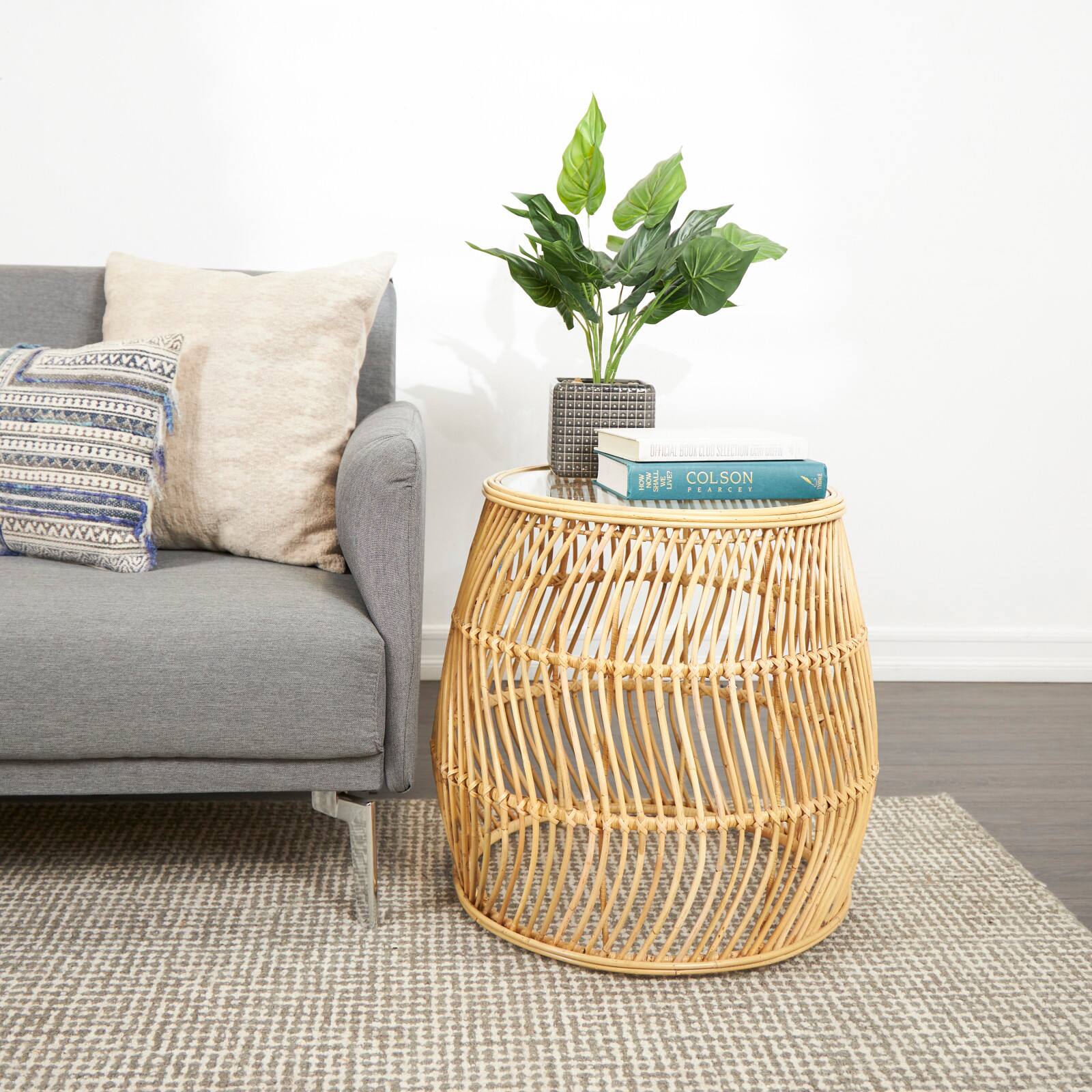 Brown Rattan Handmade Wavy Woven Accent Table with Glass Top
