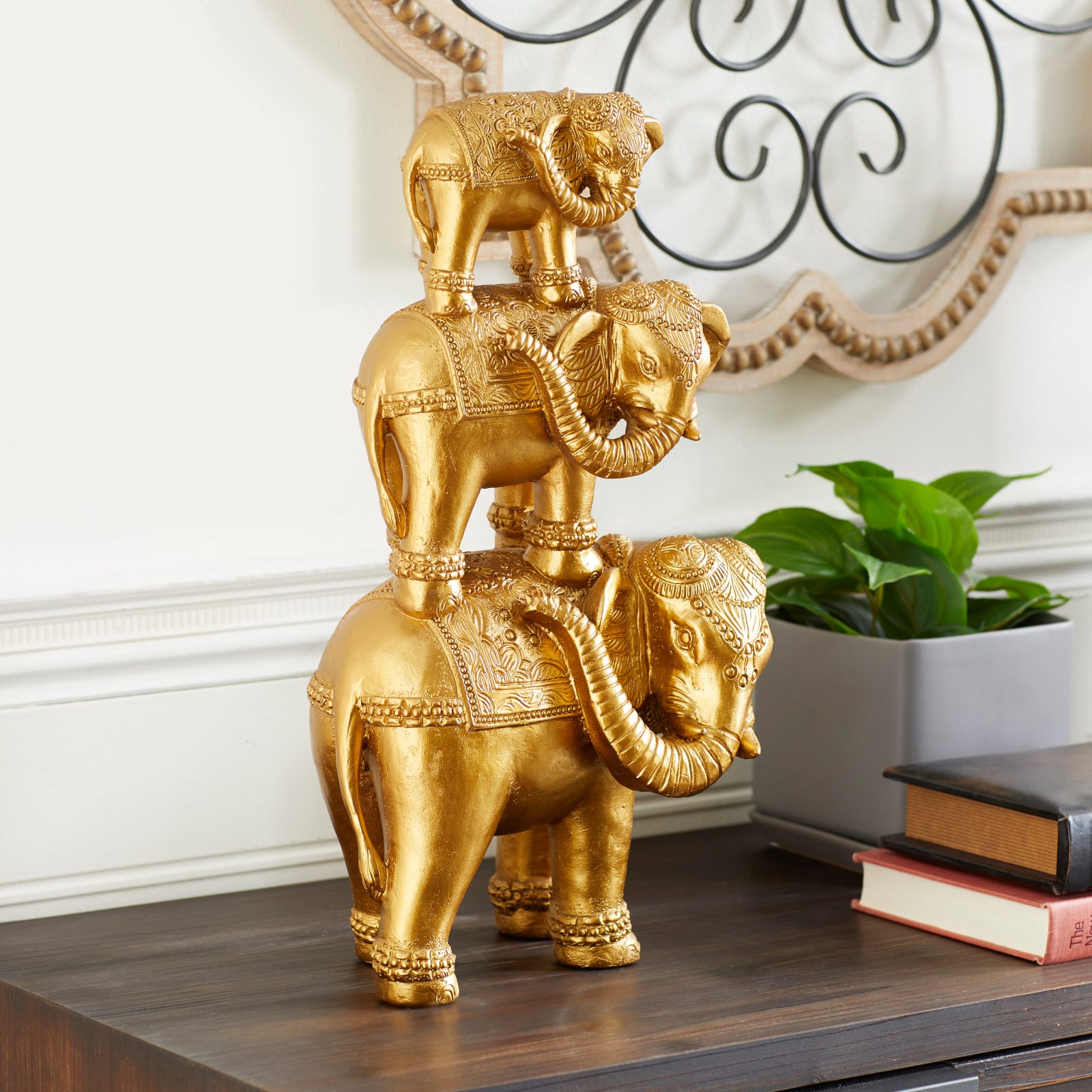 17" Gold Glam Stacked Elephant Sculpture