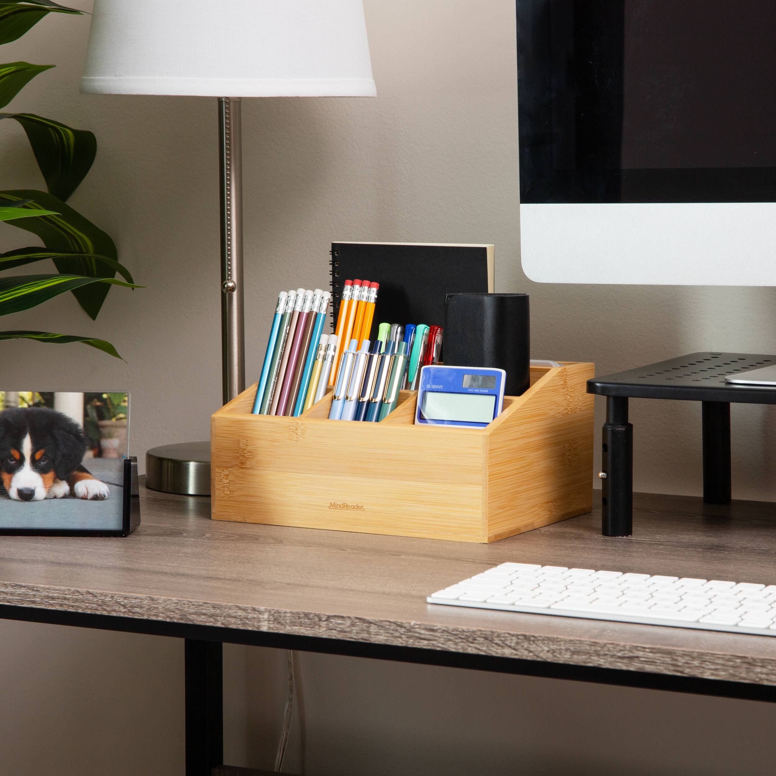 Mind Reader Desktop Organizer, 7-compartment, Office Essentials, Modern, Office, Bamboo, Brown