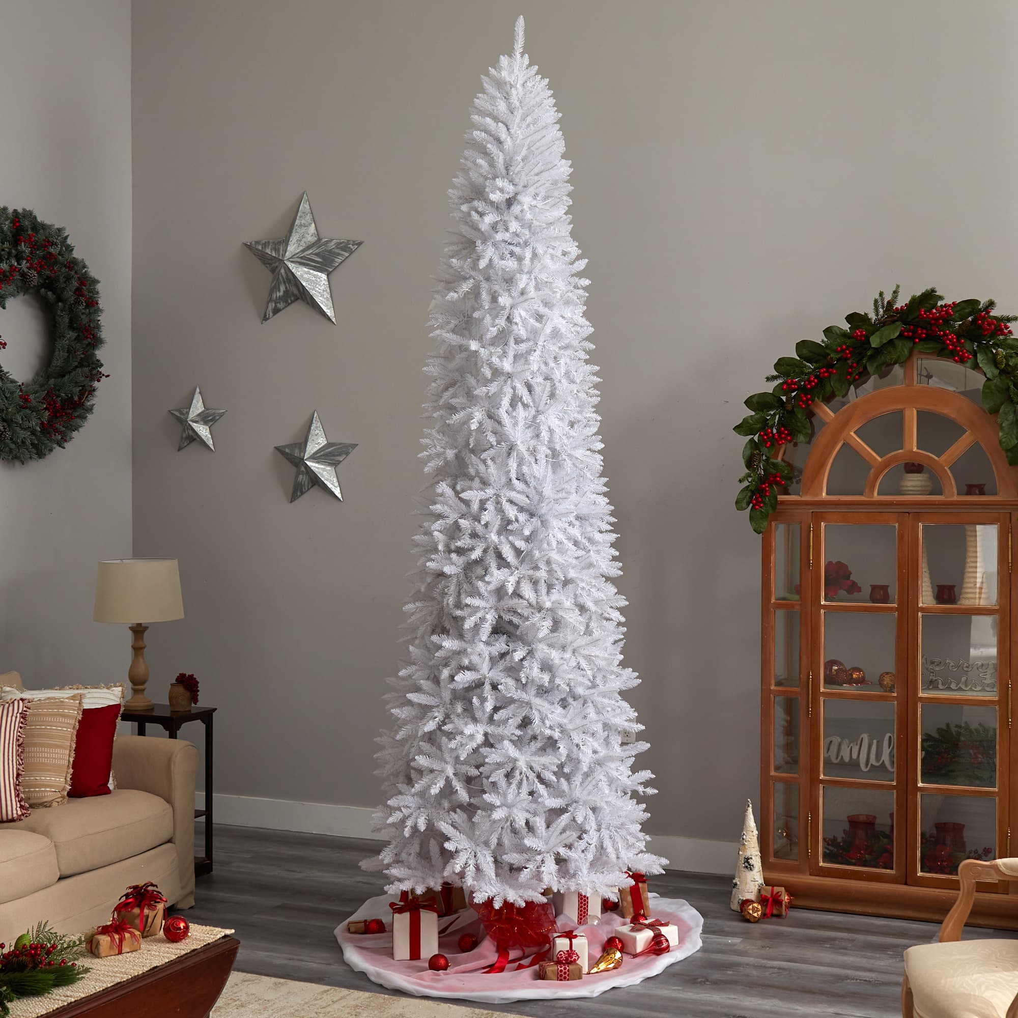11ft. Pre-Lit Slim White Artificial Christmas Tree, Warm White LED Lights