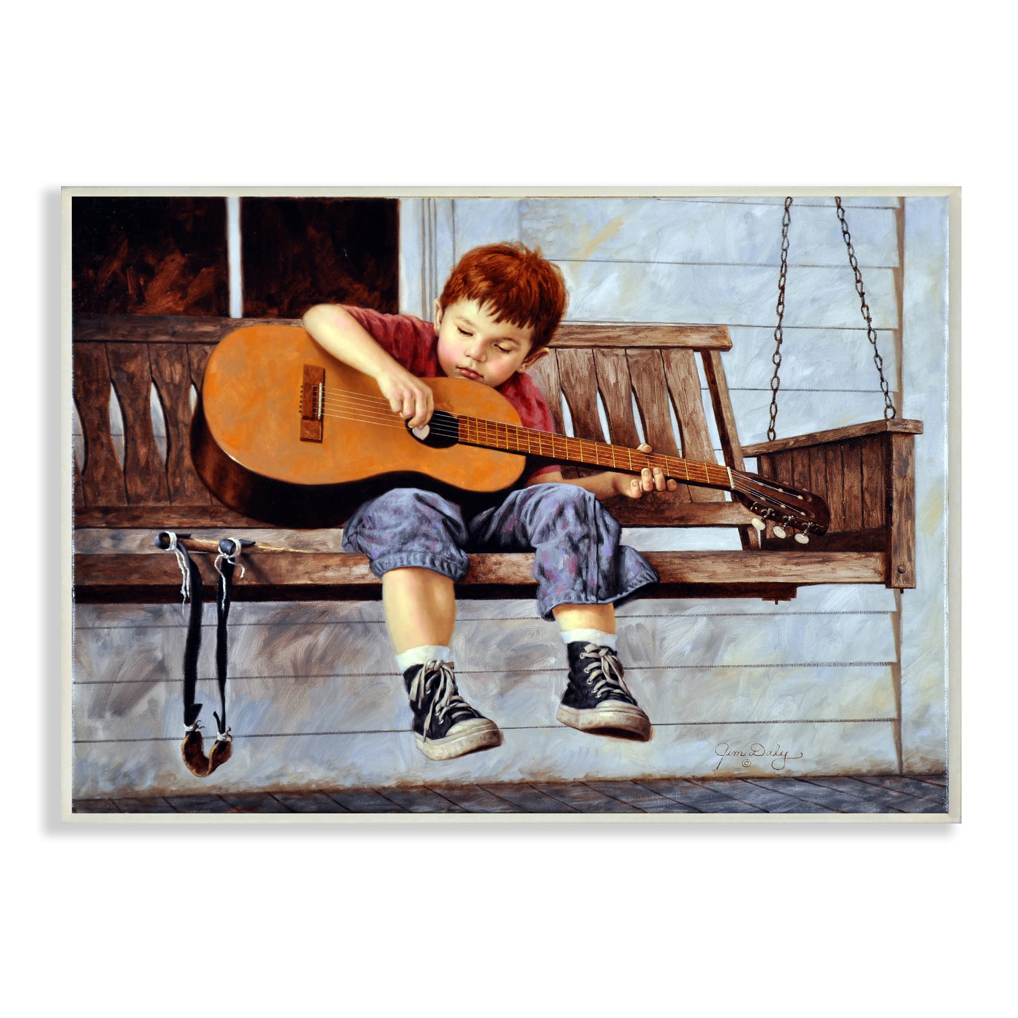 Stupell Industries Boy Strumming Guitar Front Porch Swing Painting Wall Plaque