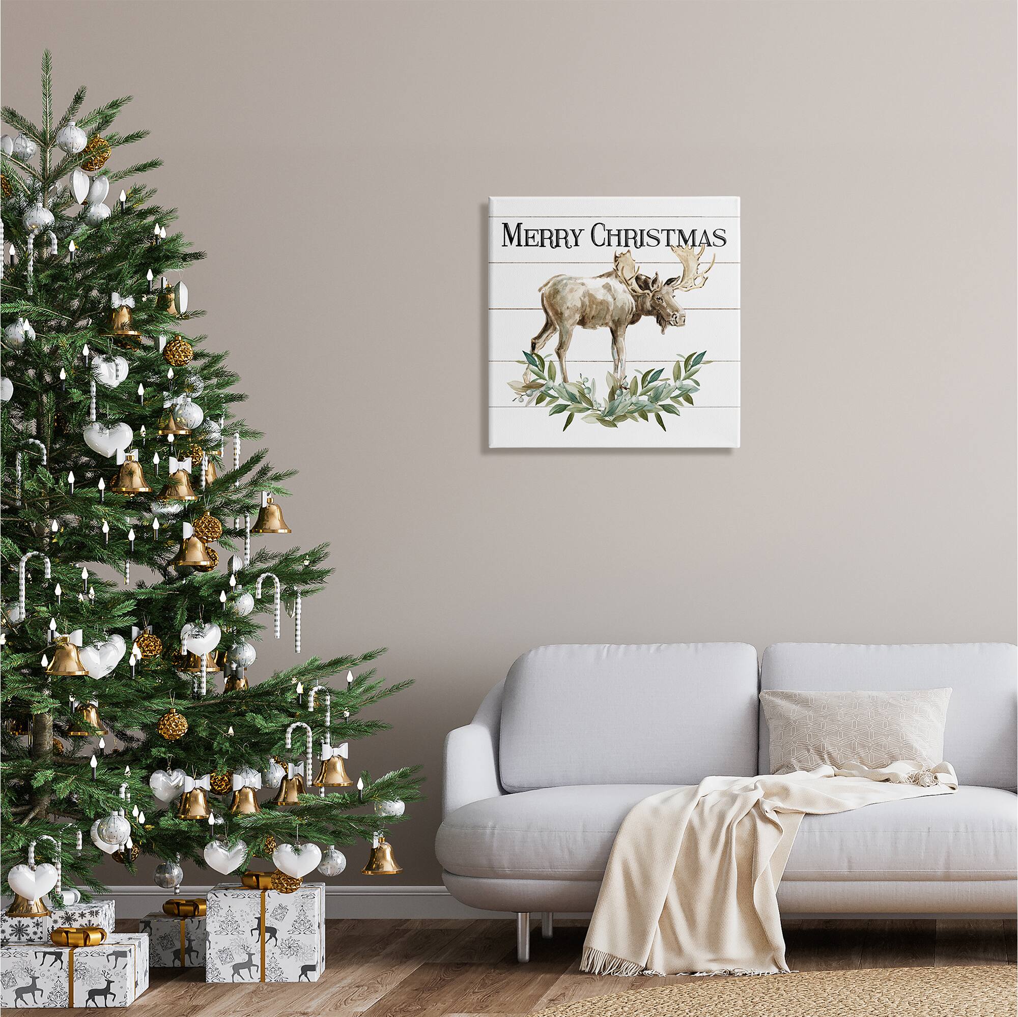 Stupell Industries Merry Christmas Moose Laurel Canvas Wall Art