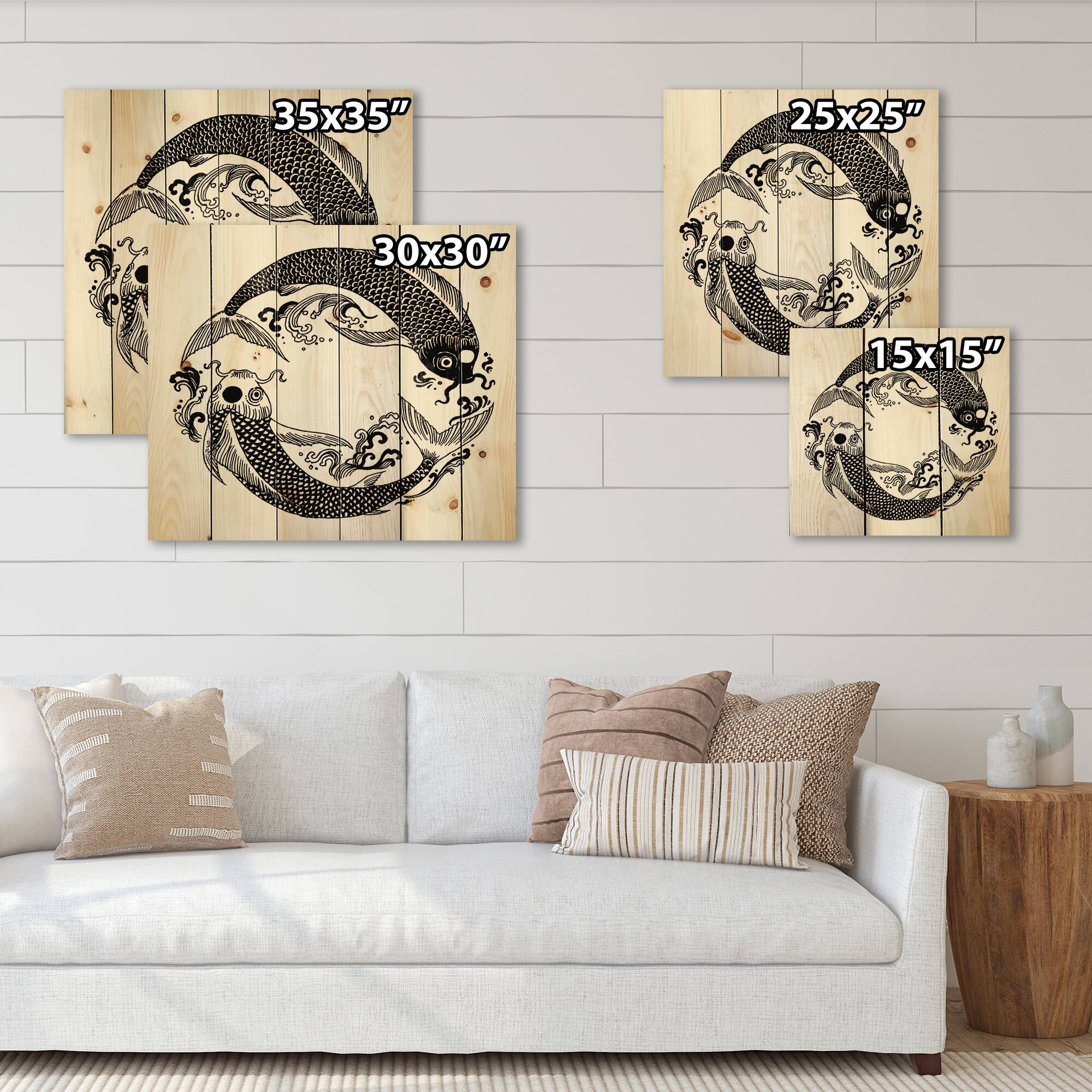Designart - Chinese Koi Fish In Chinoiserie Style III - Nautical & Coastal Print on Natural Pine Wood
