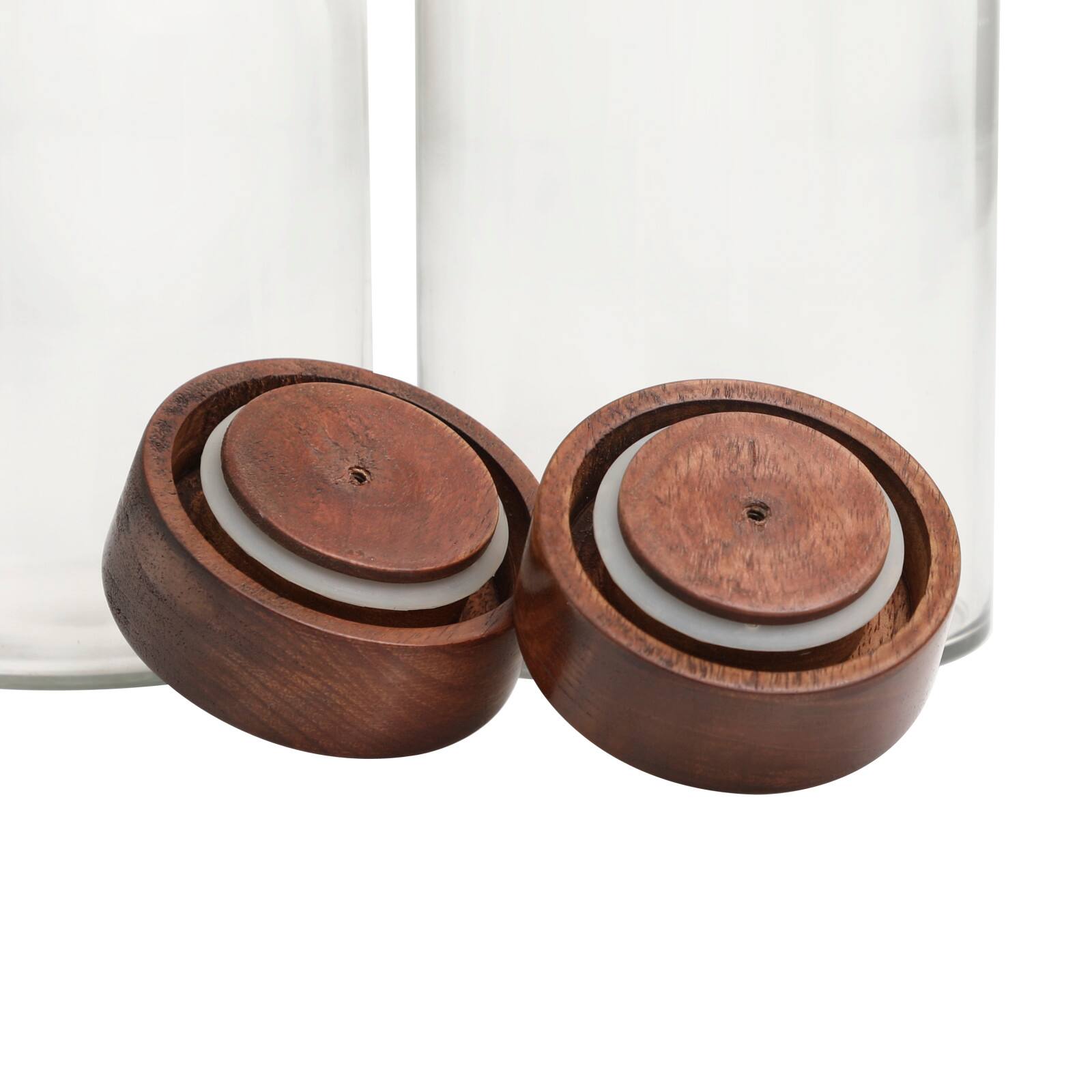 Clear Glass Canisters with Brown Removable Lids Set