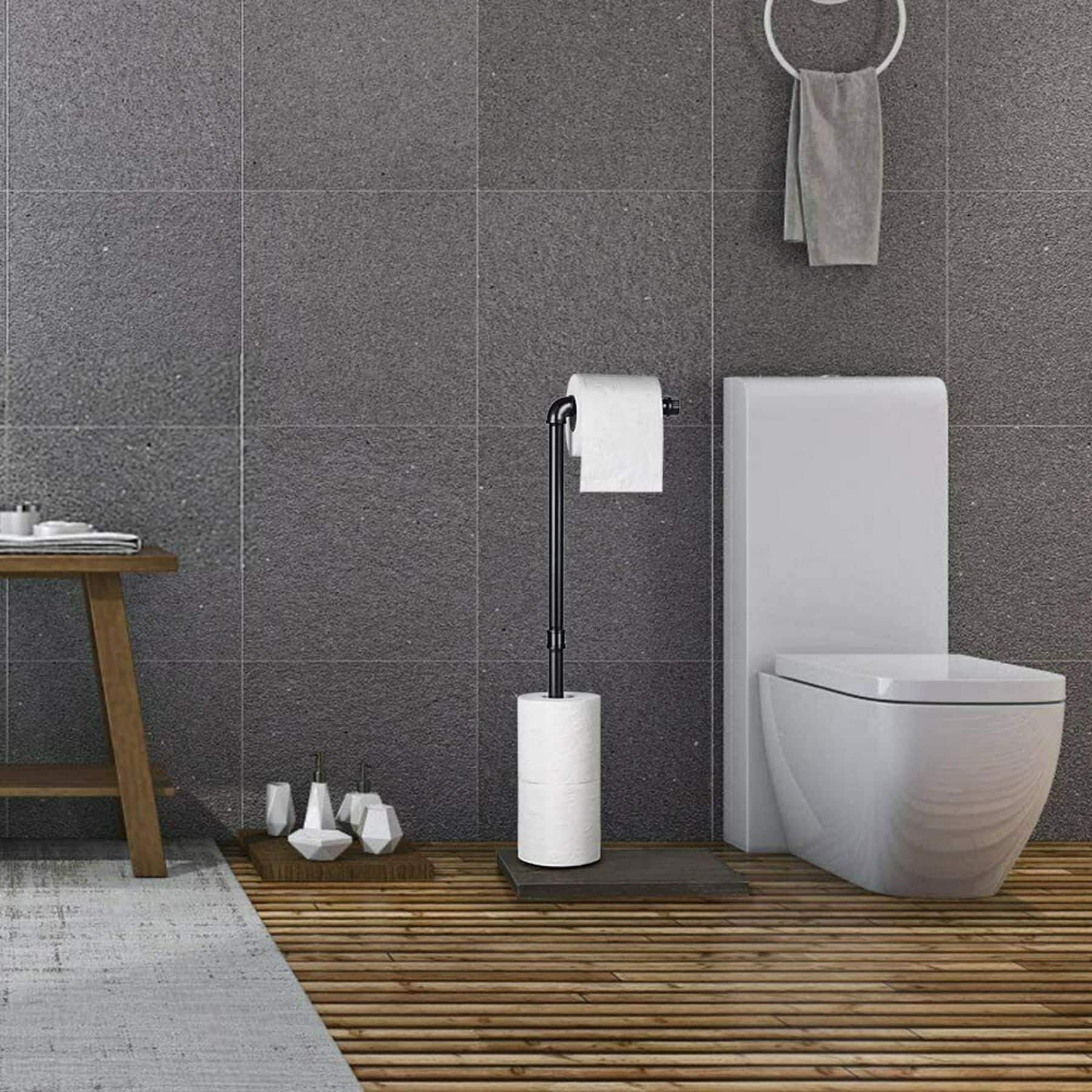 NEX™ 24" Brown Freestanding Iron Pipe Toilet Paper Holder with Solid Wood Base