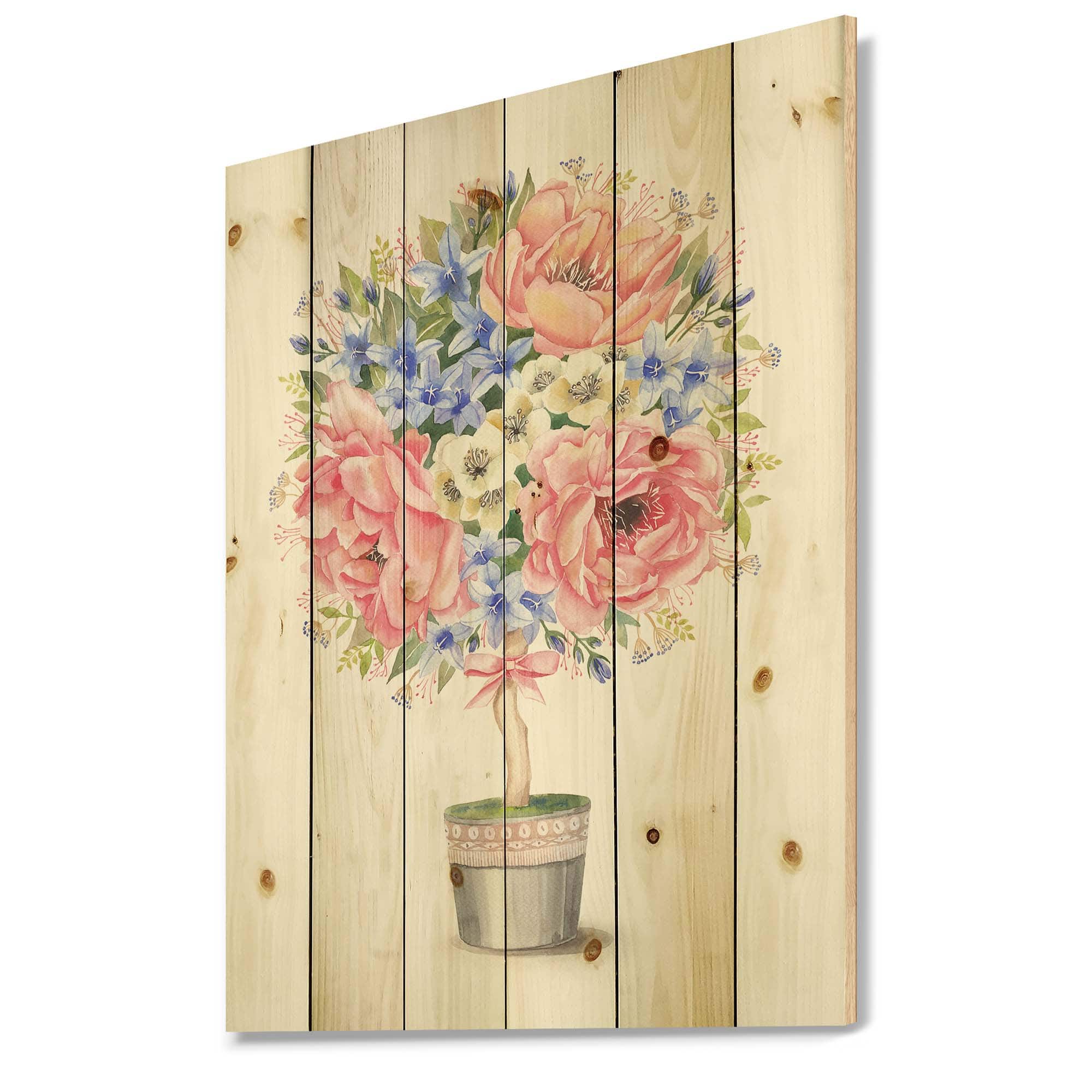 Designart - Flower Tree In A Pot With A Bow - Farmhouse Print on Natural Pine Wood