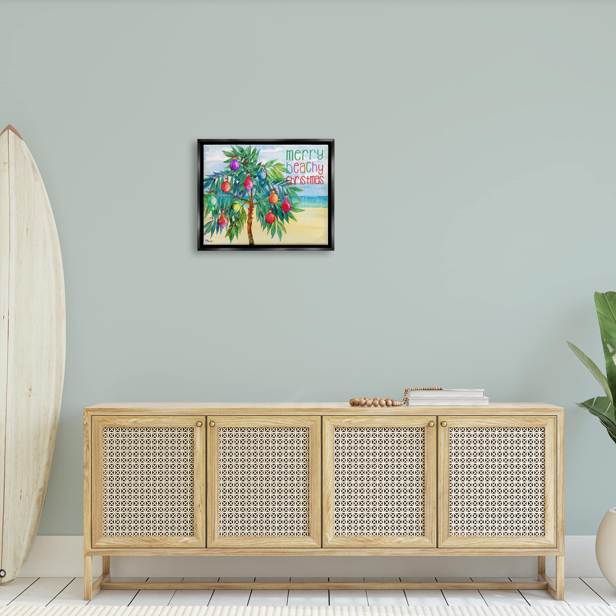 Stupell Industries Merry Beachy Christmas Holiday Palm Framed Floater Canvas Wall Art