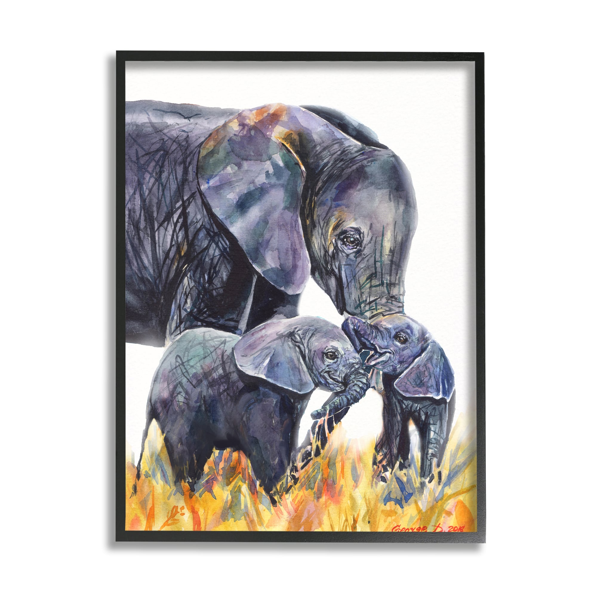 Stupell Industries Elephant Family in Tall Yellow Grass Safari Animals in Black Frame Wall Art