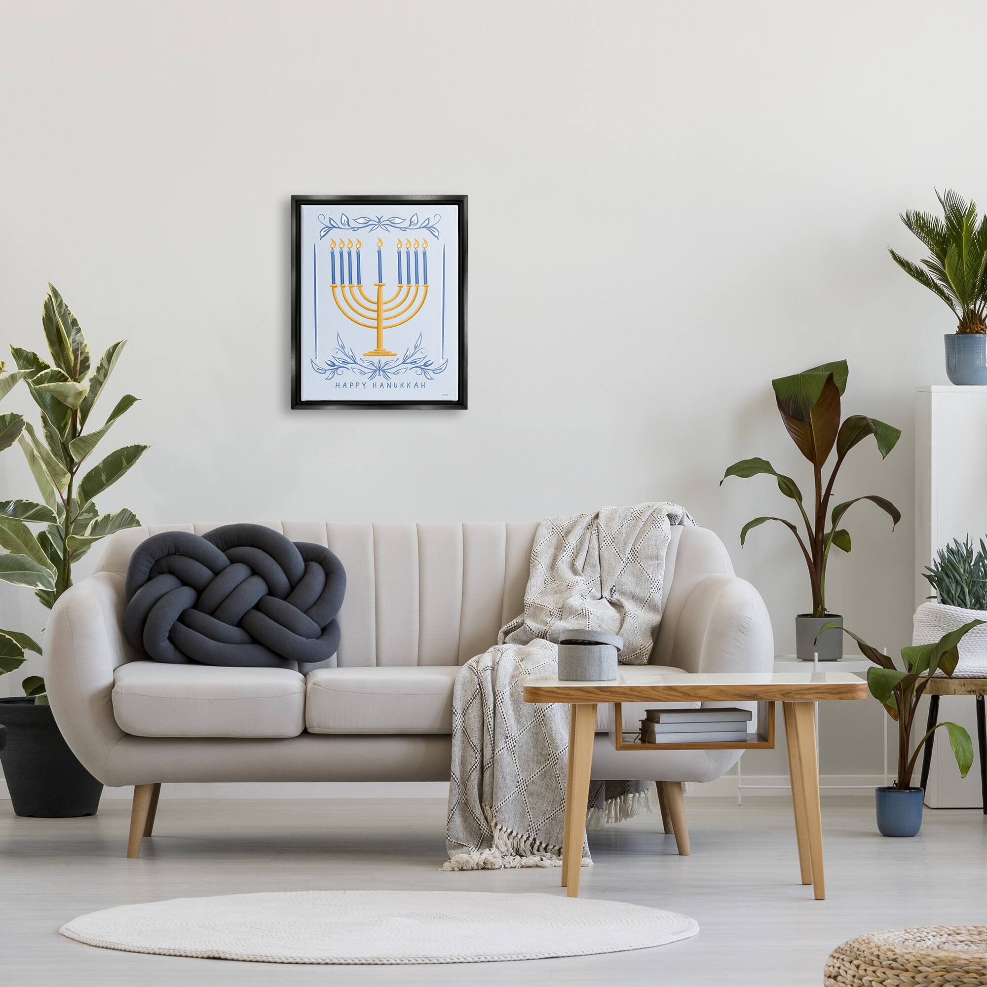 Stupell Industries Happy Hanukkah Botanical Menorah Framed Floater Canvas Wall Art