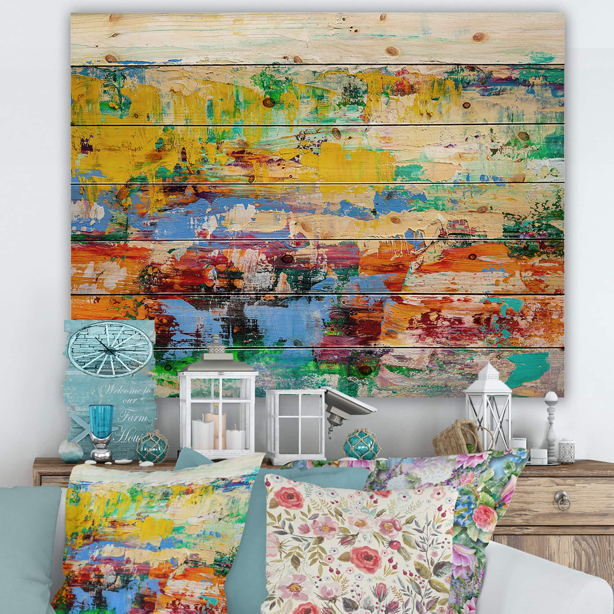 Designart - Abstract Art Multicolored Bright Texture I - Modern Print on Natural Pine Wood