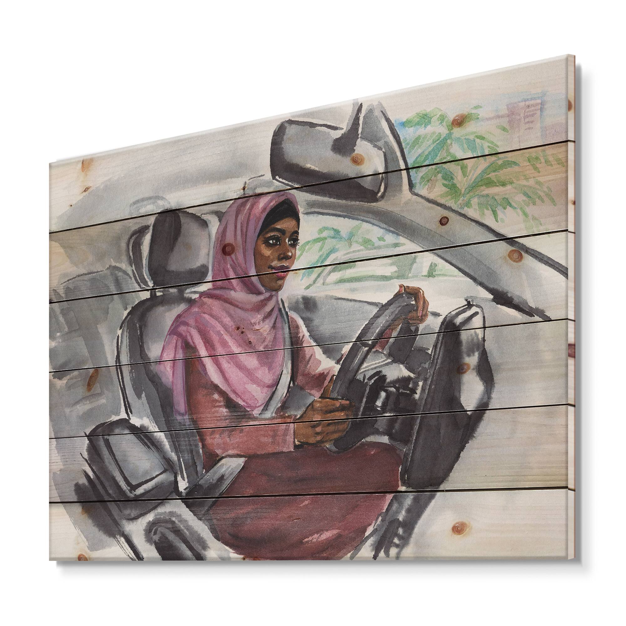 Designart - Arabian Woman Driving A Car III - Modern Print on Natural Pine Wood