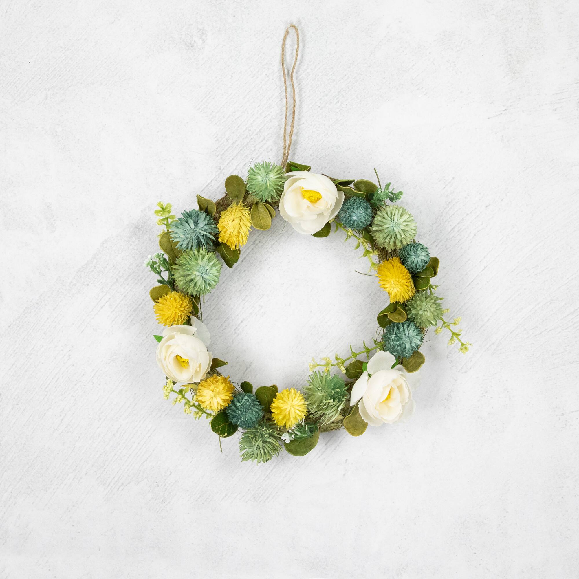 9" Cream Rose, Green & Yellow Thistle Hanging Spring Wreath