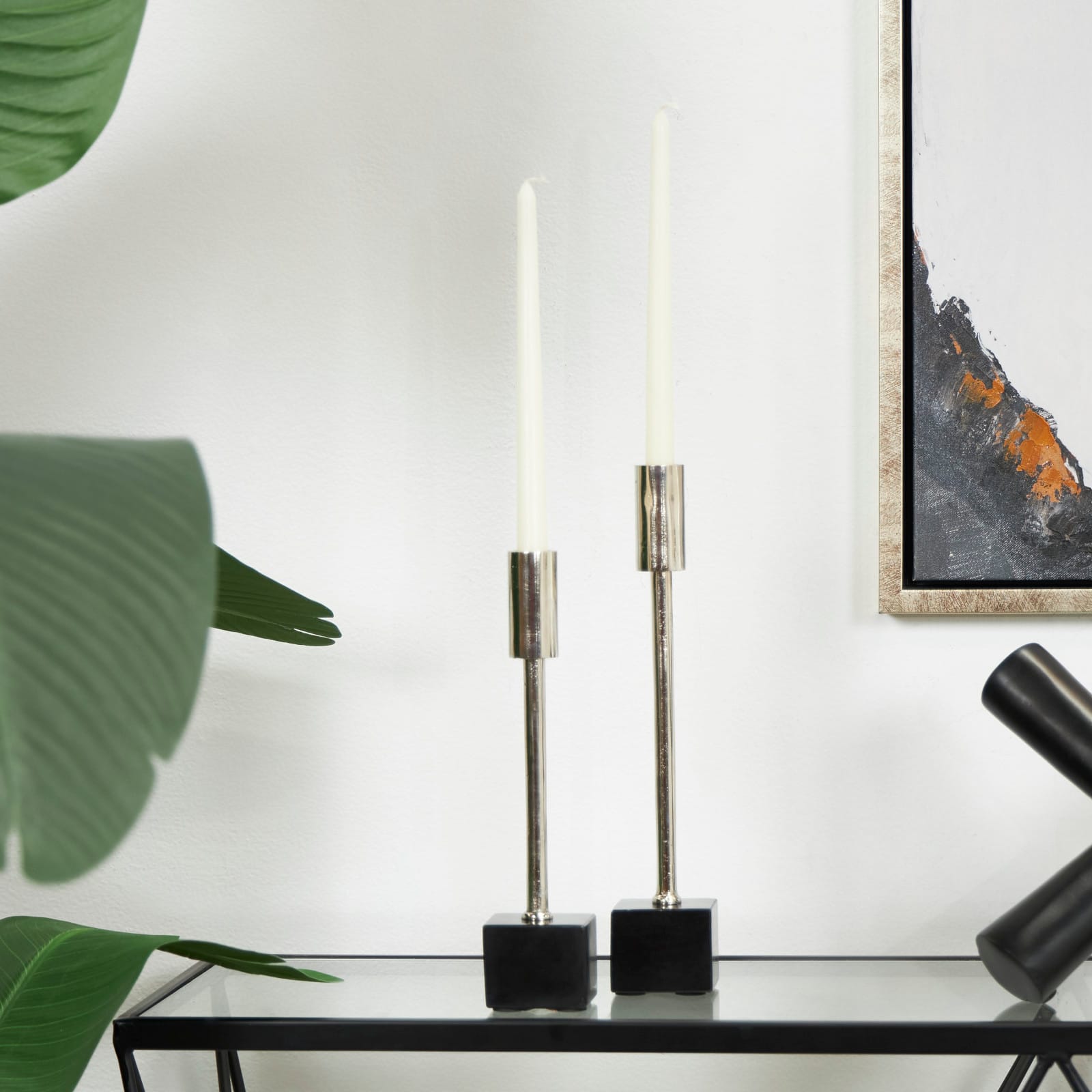 Silver Aluminum Slim Candle Holder with Black Block Base Set