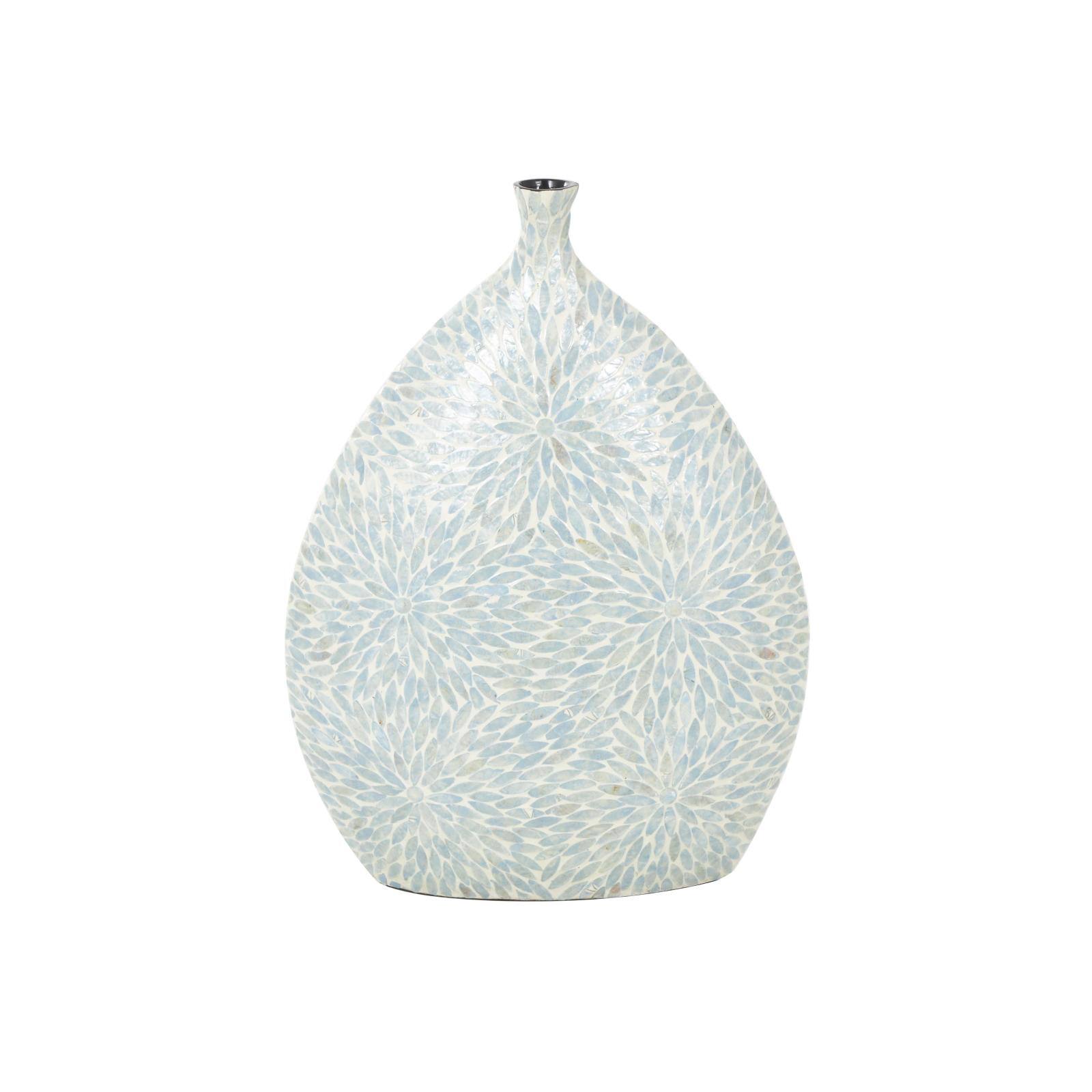 24" Light Blue Mother of Pearl Shell Floral Handmade Large Mosaic Vase with Cream Underlay