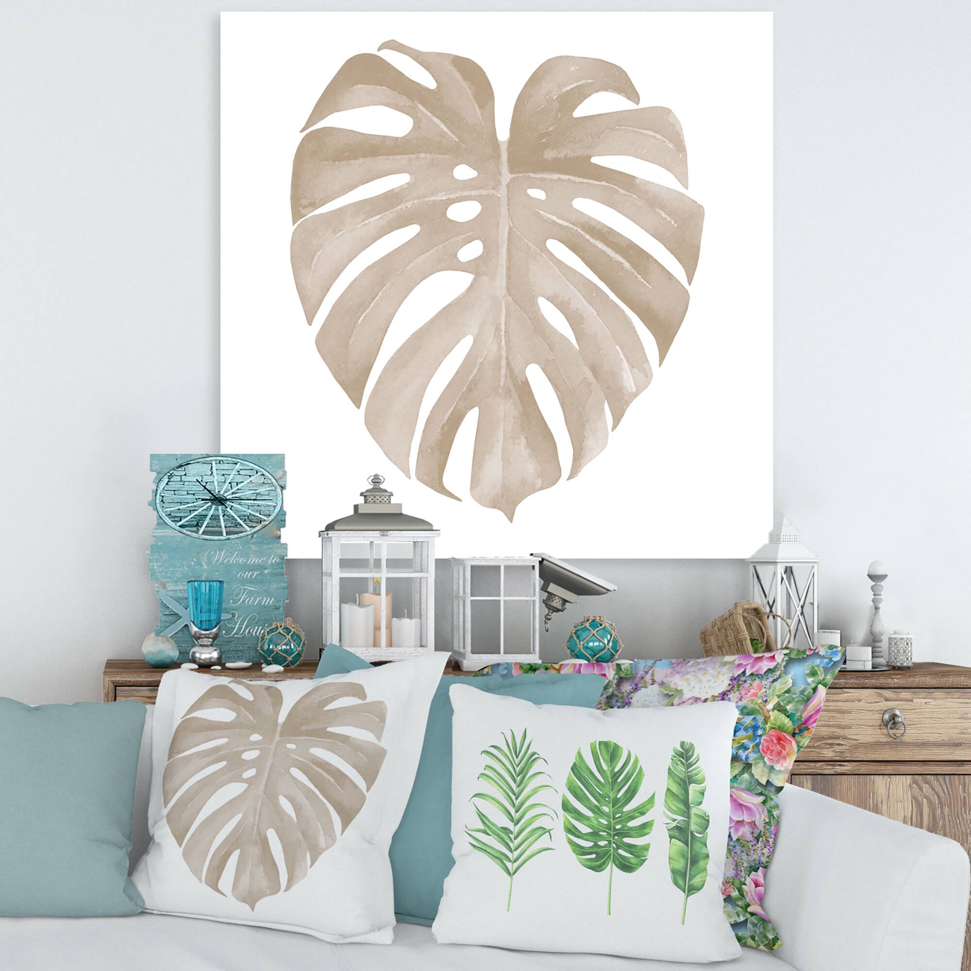 Designart - Ivory Pastel Monstera Heart Shaped Tropical Leaf