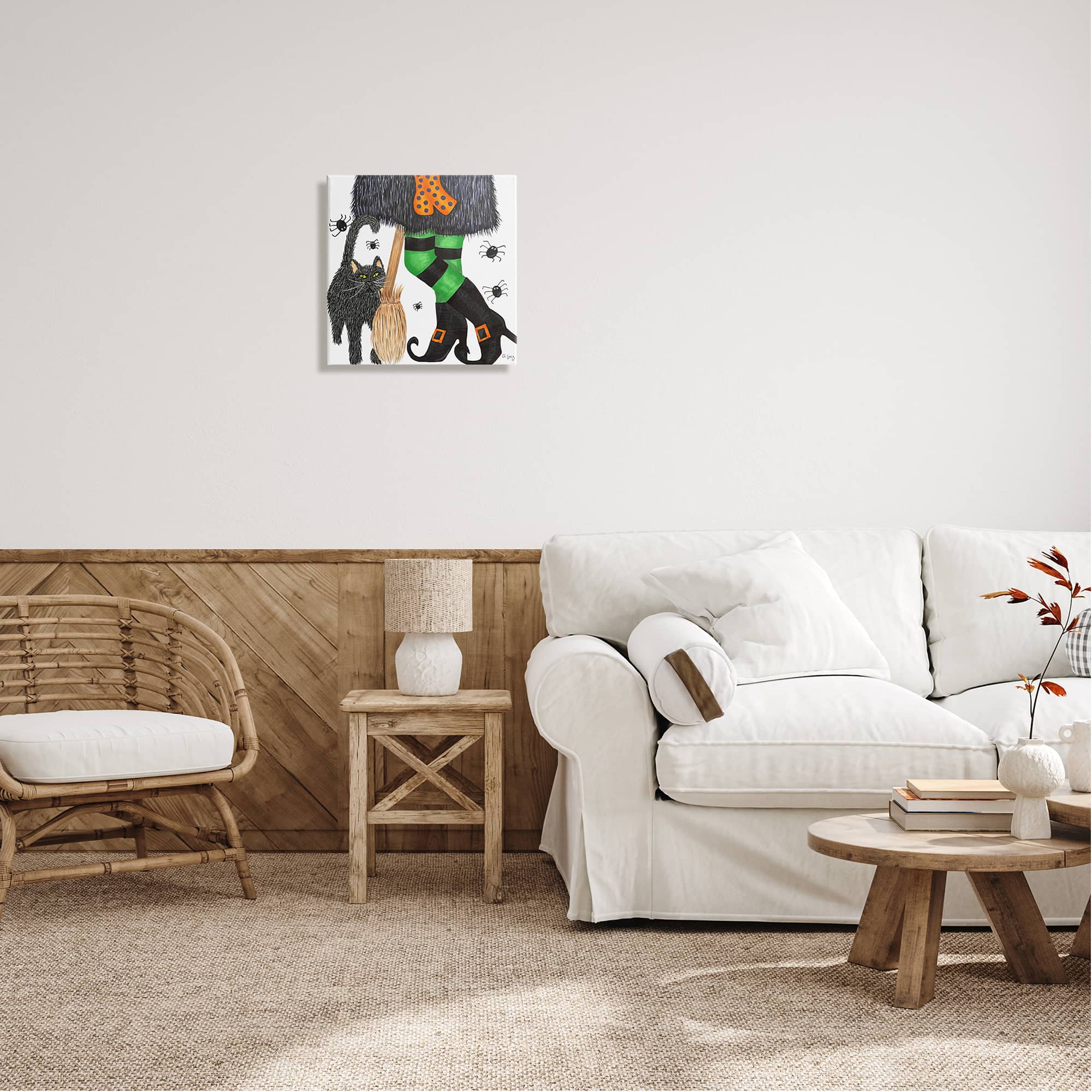 Stupell Industries Witch Broom Halloween Black Cat Canvas Wall Art