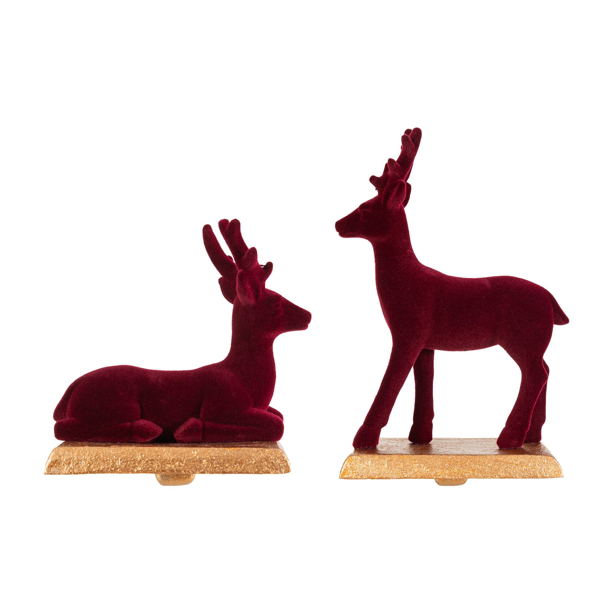 Glitzhome® Set of 2 Flocked Burgundy Resin Standing & Sitting Reindeer Stocking Holders