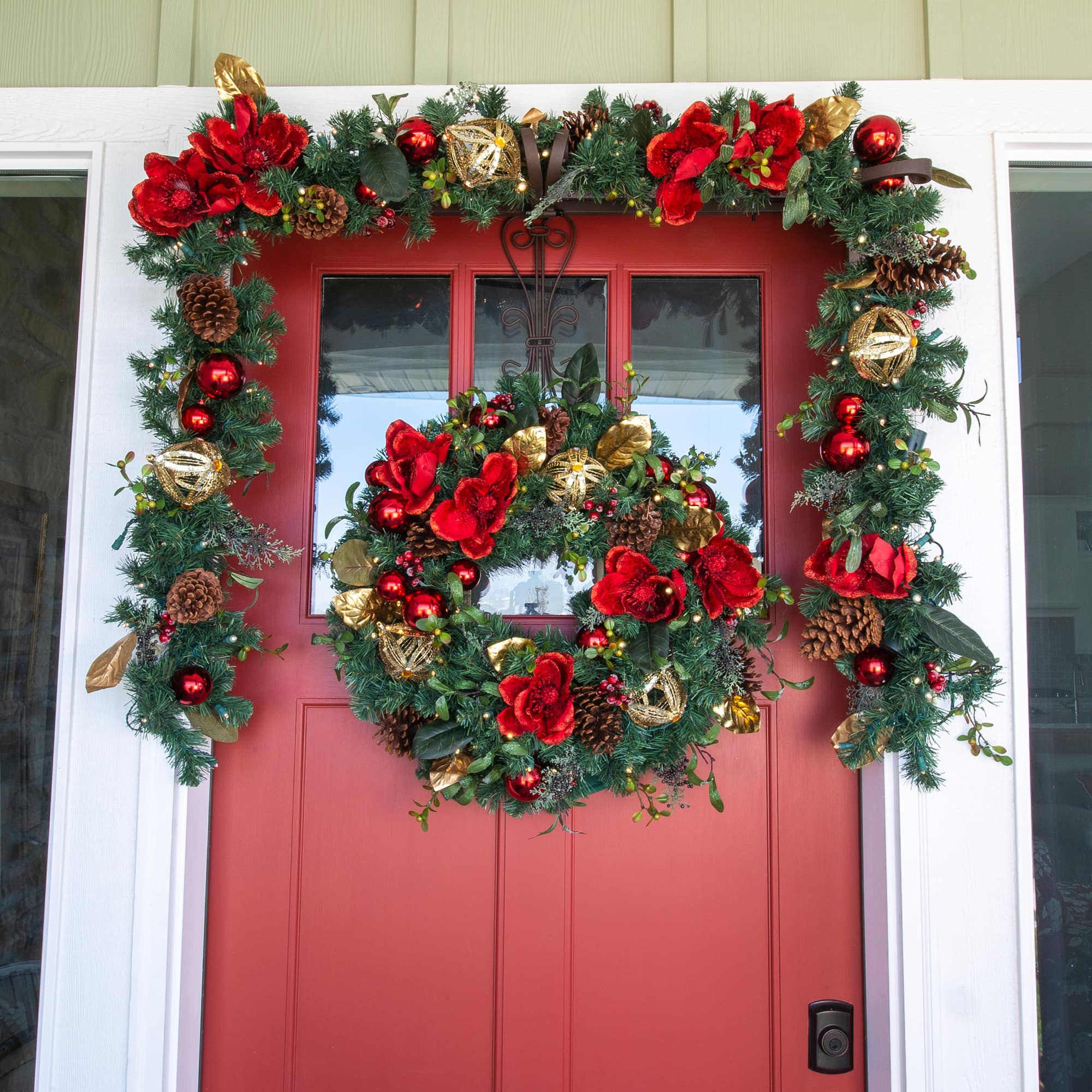 Village Lighting 9ft. Pre-Lit LED Red Magnolia Christmas Garland