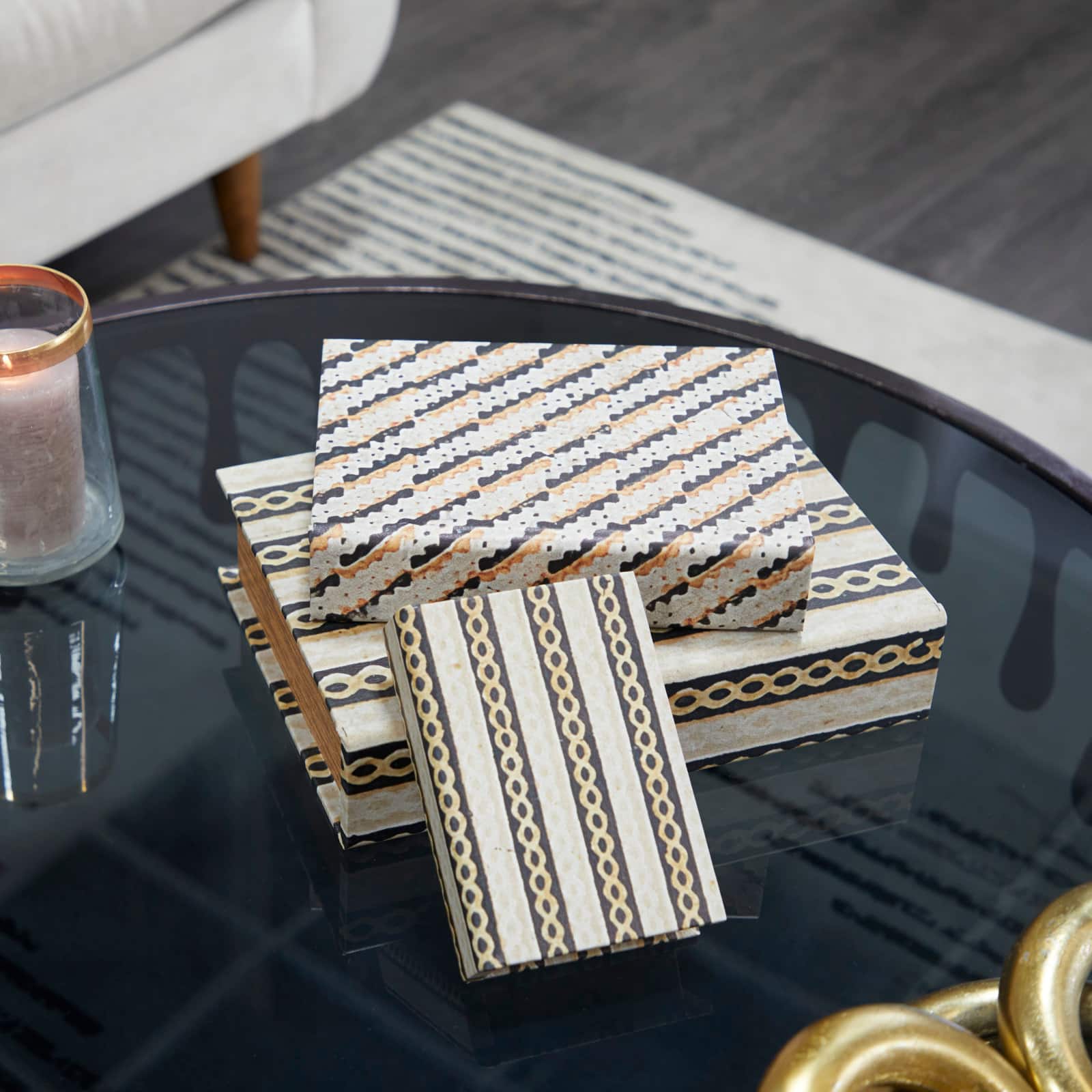Brown Stripe & Chain Print Faux Leather Faux Book Box Set