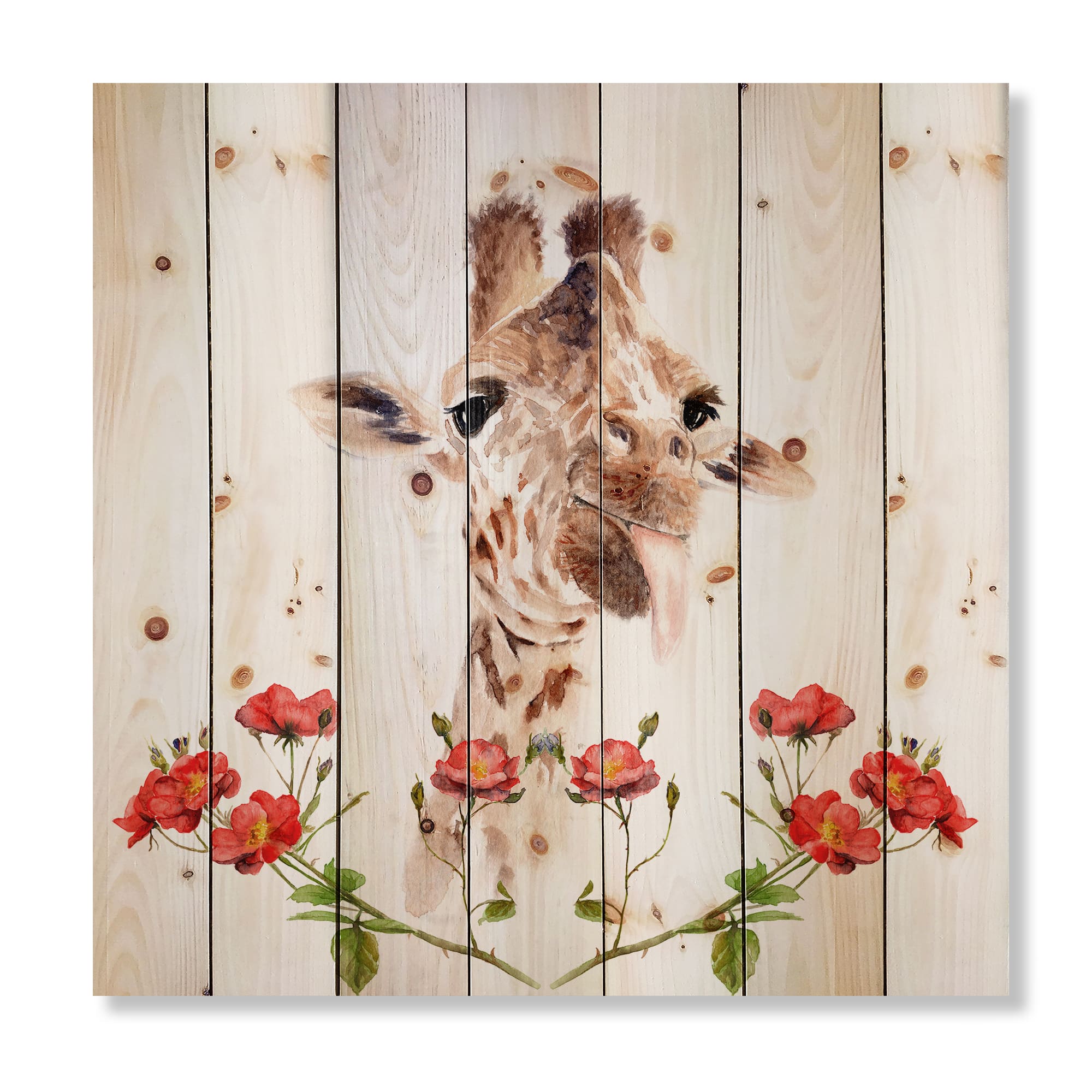 Designart - Portrait of A Giraffe With Flowers II - Farmhouse Print on Natural Pine Wood