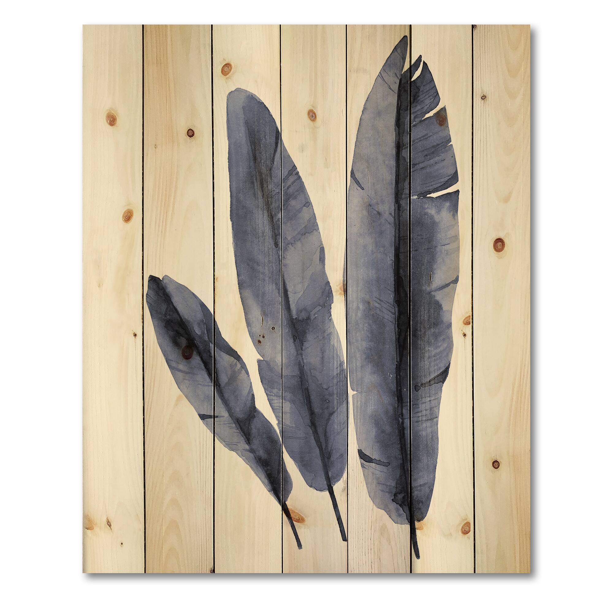 Designart - Navy Blue Tropical Banana Leaves - Tropical Print on Natural Pine Wood