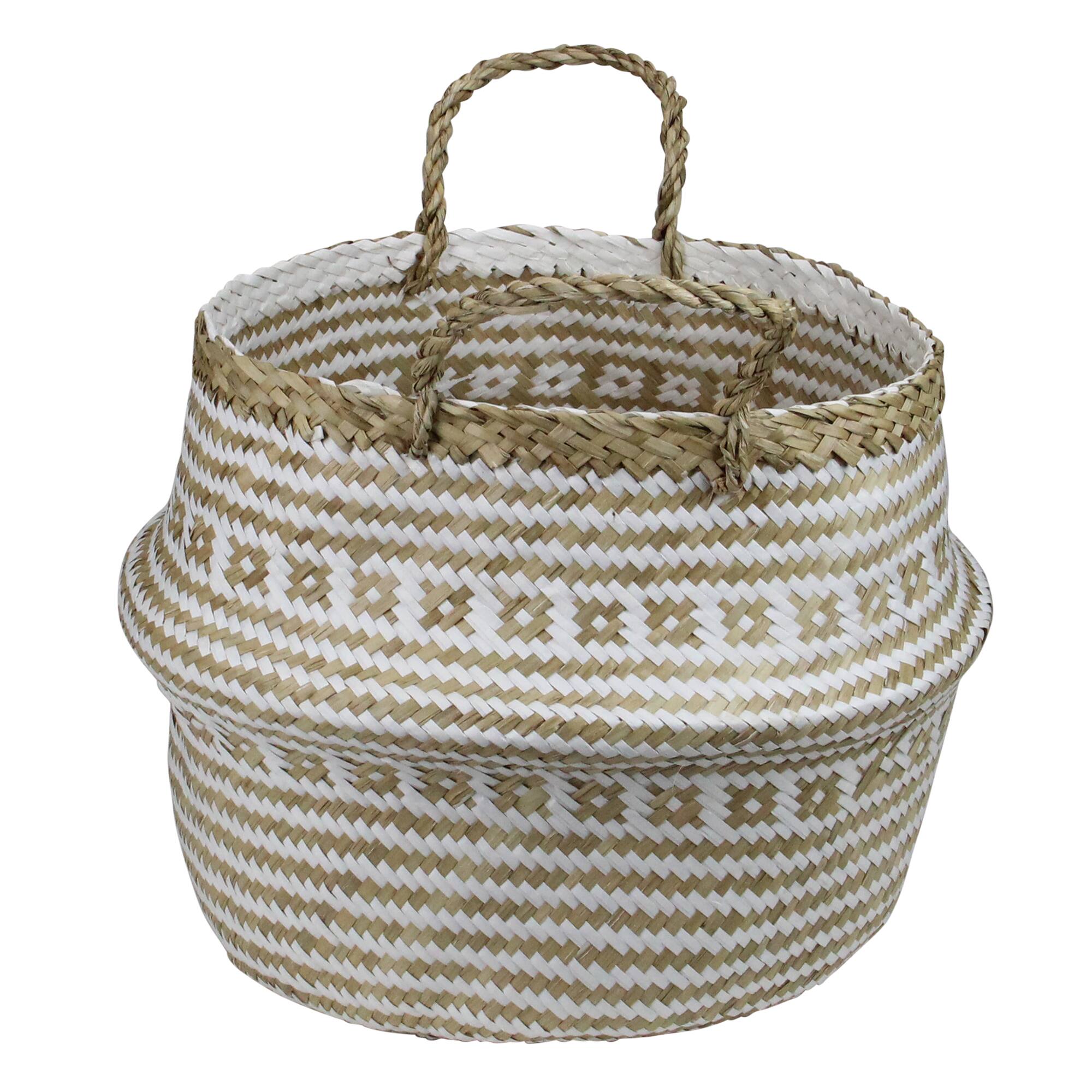 15" Beige & White Large Seagrass Belly Basket with Handles